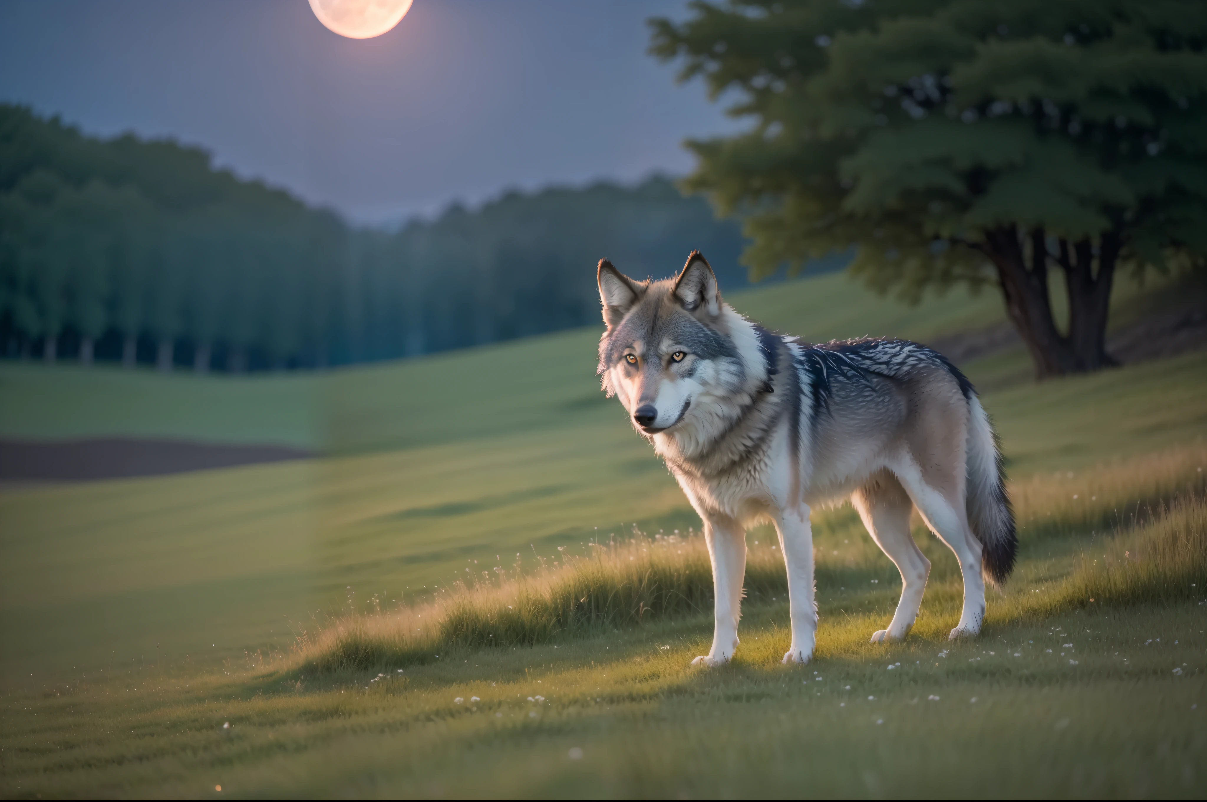 A wolf feeds on the grassland on a moonlit night