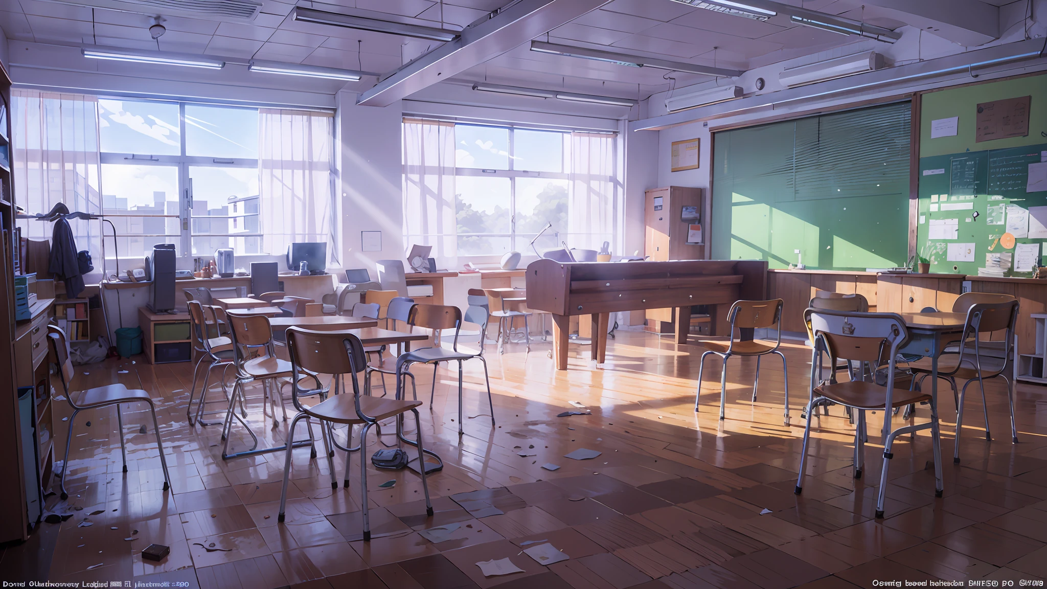 Shinkai Makoto style, Miyazaki style, interior scene, cool color, sunlight penetration, two-dimensional scene, school, library, floor, table, chair, classroom, desk and chair staggered arrangement, there is a close-up, medium, far-range, low saturation, low contrast