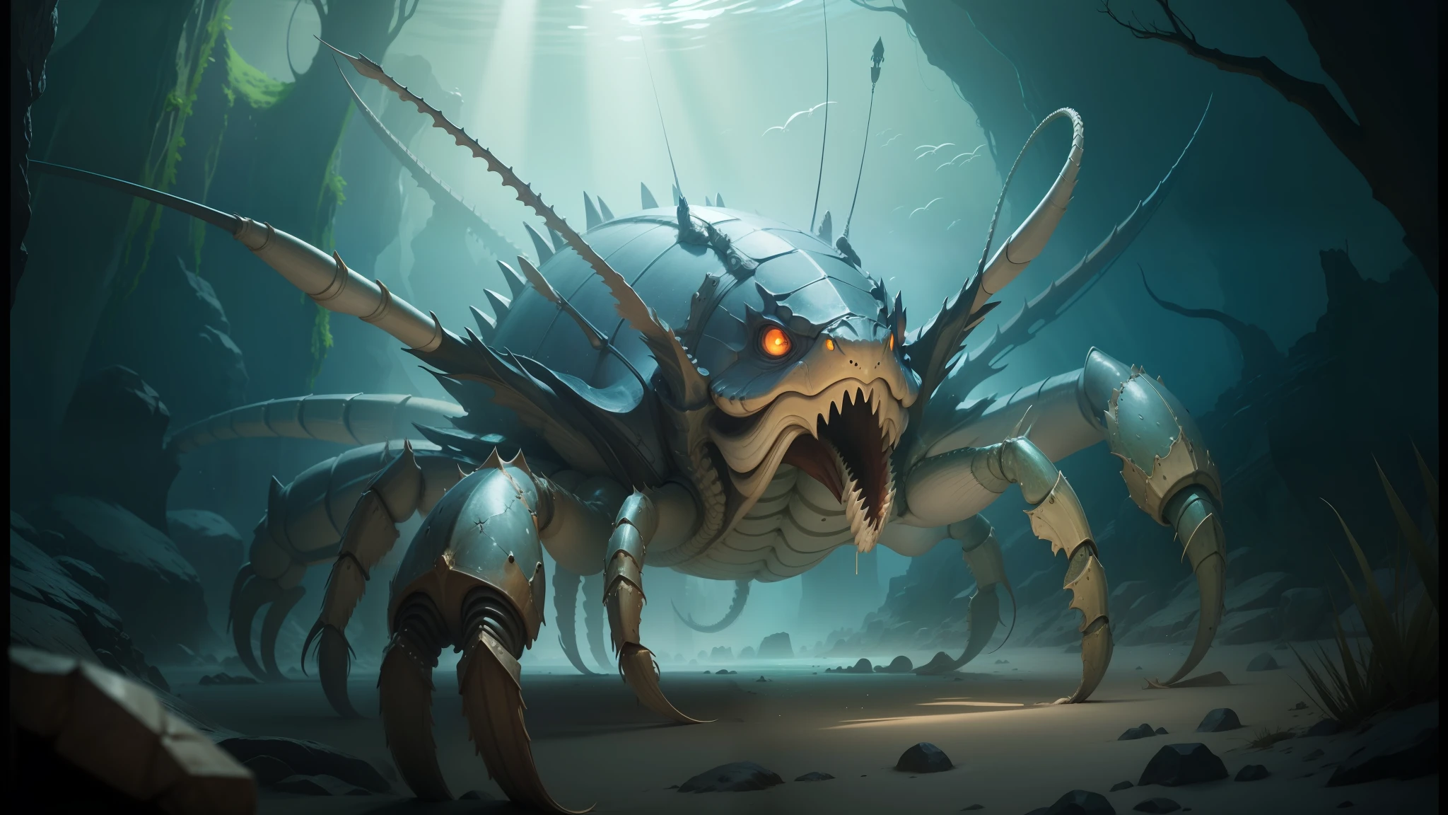 there is a large crab that is sitting on the sand, tiger - crab creature, realistic paleoart, paleozoic atlantis, cambrian, elephant - crab creature, fantasy creature, crustacean, fantasy creatures, hyper realistic fantasy monster, deep sea creatures, aquasixio, aquatic devices, realistic creature concept, subnautica, giant fantasy creatures --auto --s2