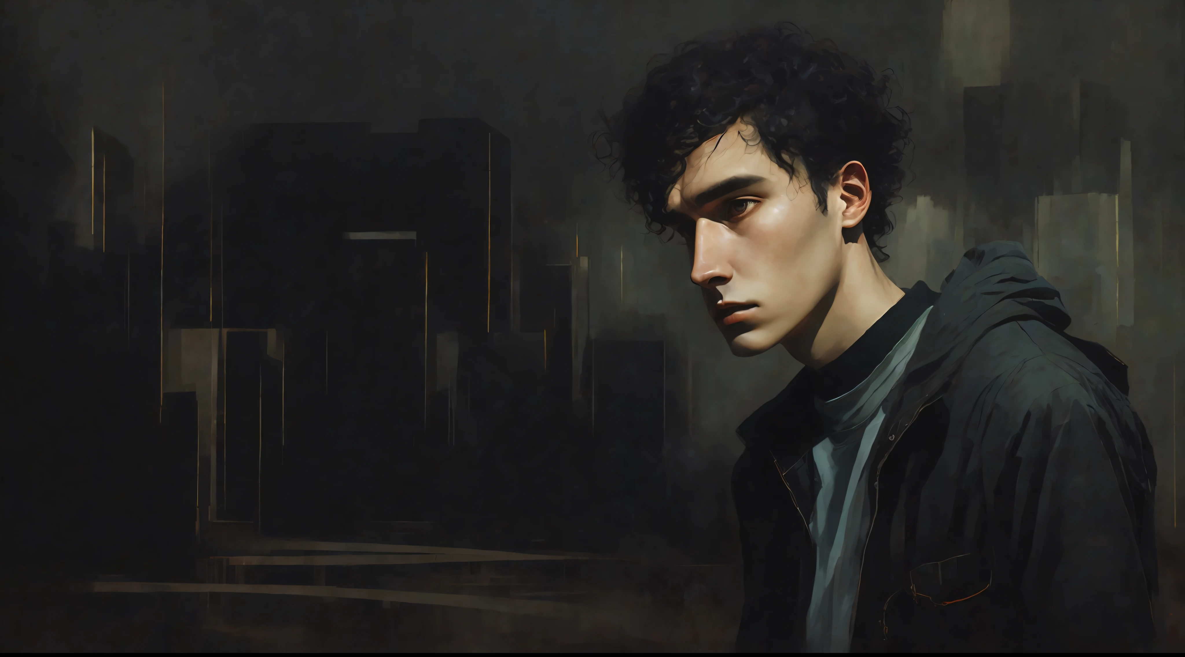 sad young man in his 20s with short curly black hair, a painting of a character in a brutalist setting, a character portrait, artstation hd, detailed painting, photo taken with provia, kodak portra, film grain, featured on unsplash, grain from film, cinematographic view, photo taken with provia