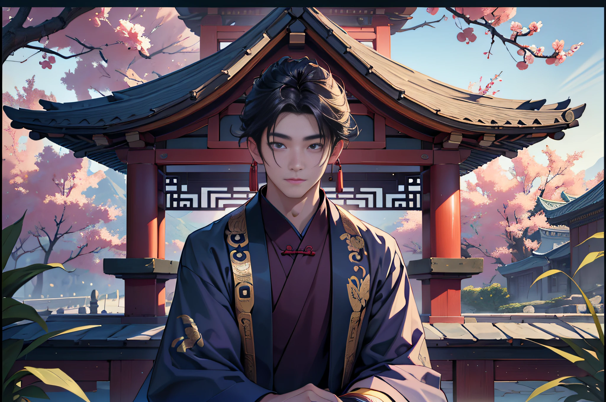 Best quality, masterpiece, high resolution, 1boy, 20 years old, ancient Chinese, gazebo, boy, purple clothes, 4k, 8k. Chinese ancient style. (High Detail skin: 1.2), 8K UHD, DSLR, Soft Light, High Quality, Volume Light, Photo, High Resolution, 4K, 8K.