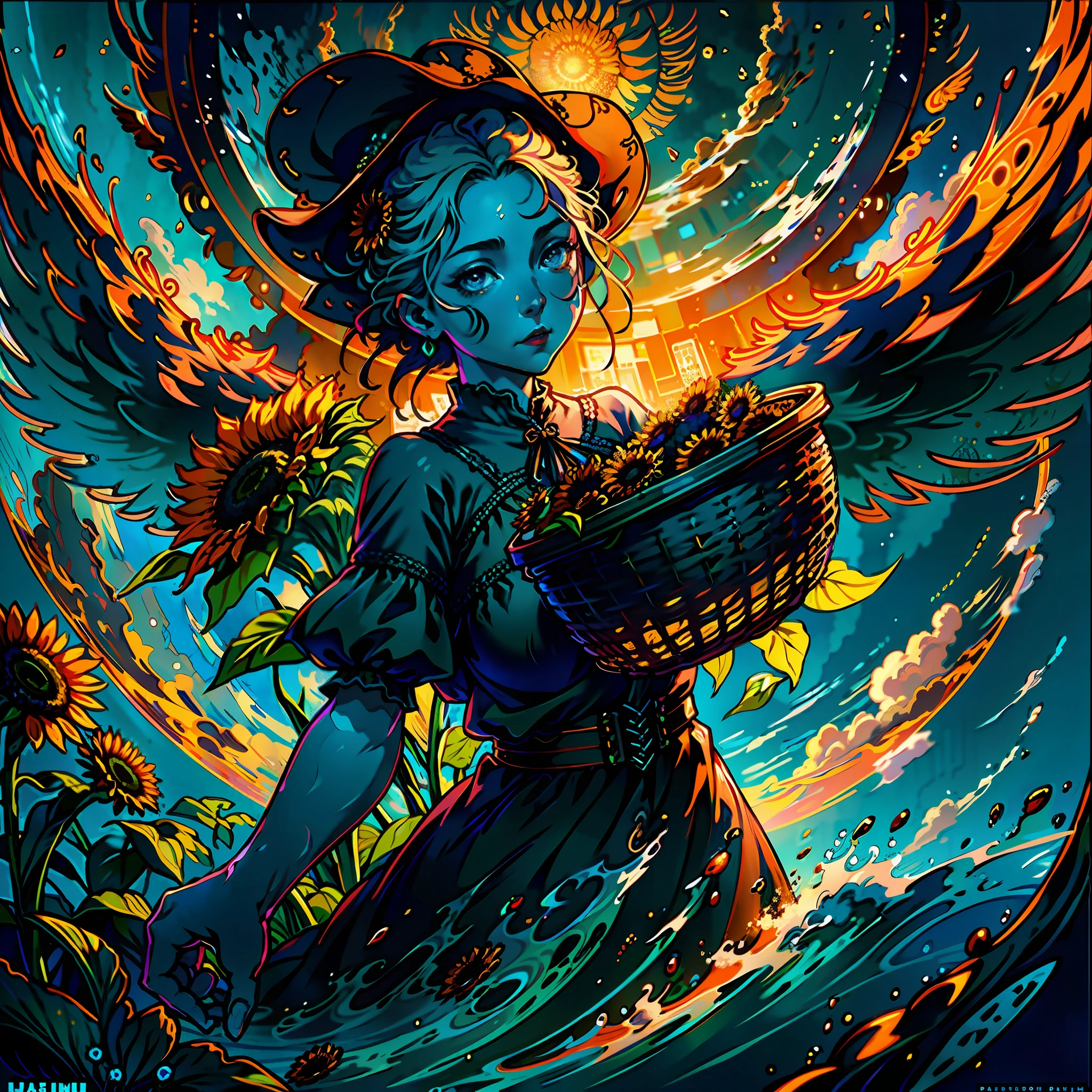 wide angle photo of a peasant woman holding a basket from which (thousands of sunflowers) flying and falling from the sky, (swirl of sunflowers) emerging from a peasant woman's basket, grotesque, ful body shot, cinematic lighting, high resolution, insane details, intricate details, hyperdetailed intricately detailed ultra realistic art trending on Artstation triadic colors Unreal Engine 5 detailed matte painting, deep color, fantastical, intricate detail, splash screen, complementary colors, fantasy concept art, 8k resolution, ultra realistic deviantart masterpiece, (dark shot:0.9), soft cinematic light, adobe lightroom, photolab, hdr, intricate, highly detailed