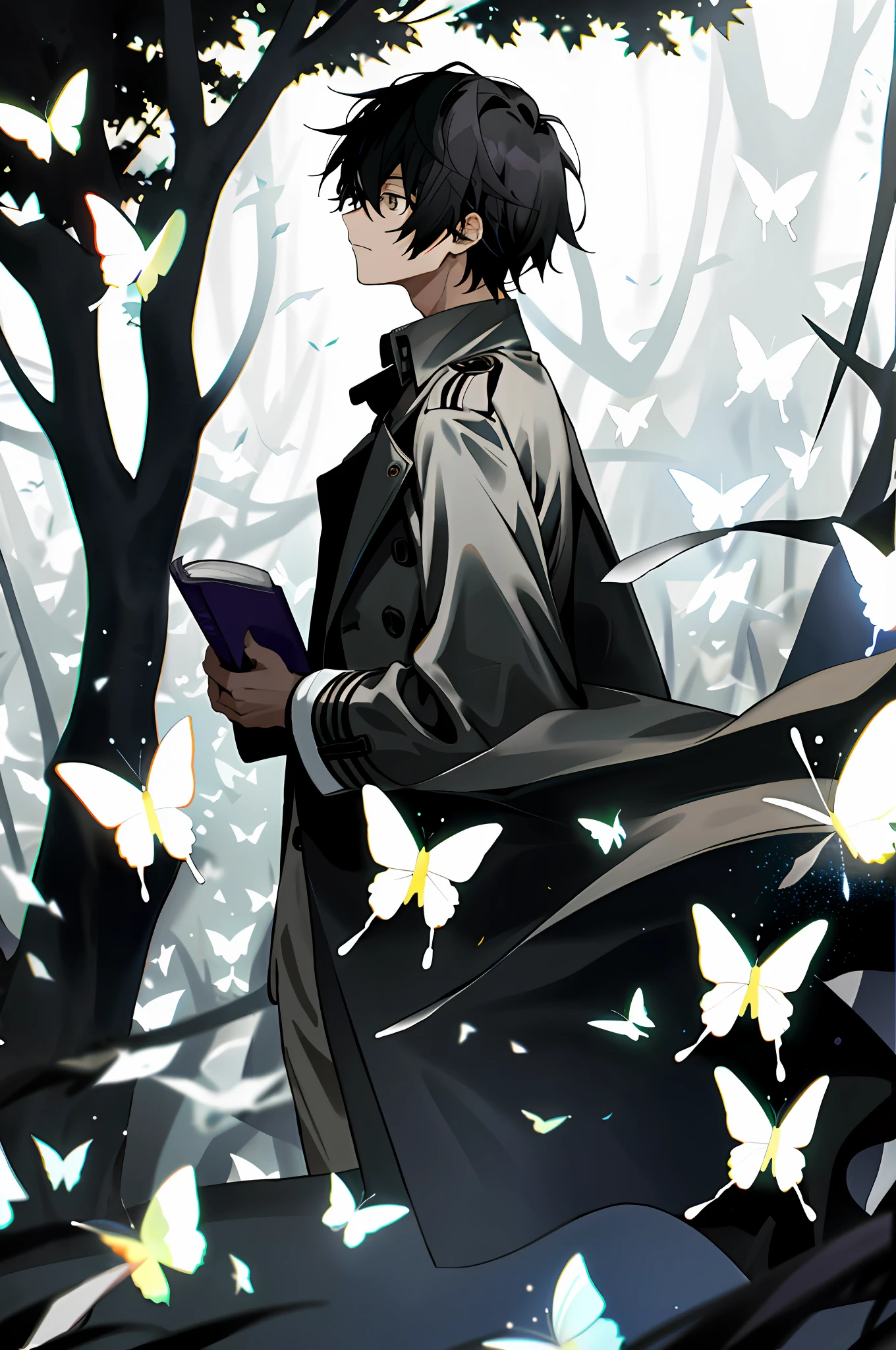 Male, trench coat, holding a book in his hand, black hair, teenager, shirt, surrounded by white butterflies, his back leaned against a tree, a finger stretched out on one hand, a butterfly resting on his finger