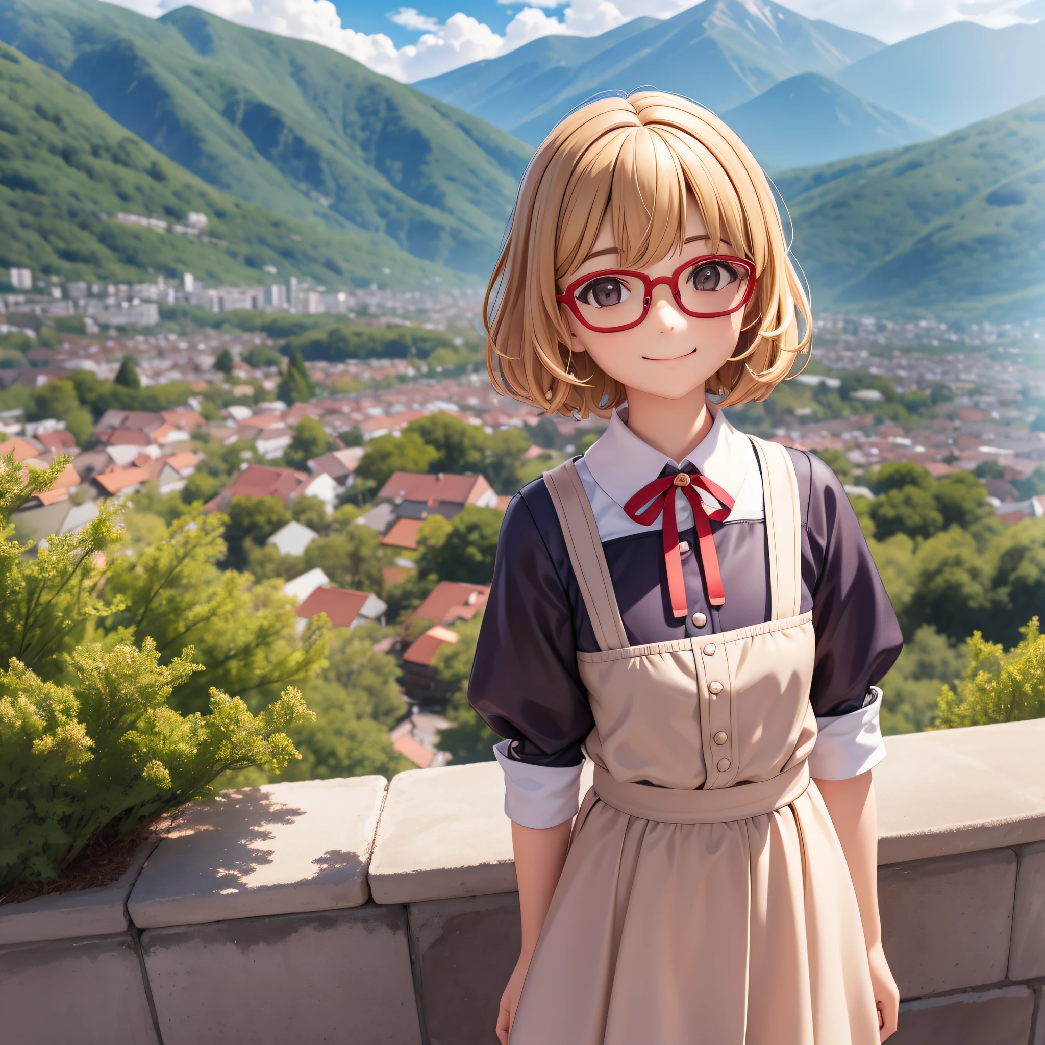 Clear. You can see the mountains in the distance. The gassho-style townscape of Okuhida. Emily, waving her right hand from afar and smiling widely, is a 13-year-old French girl. Wavy short-cut hair mixed with brown and blonde, straight bangs, beauty with glasses, small breasts, fond of camisoles. I like brown frame glasses.