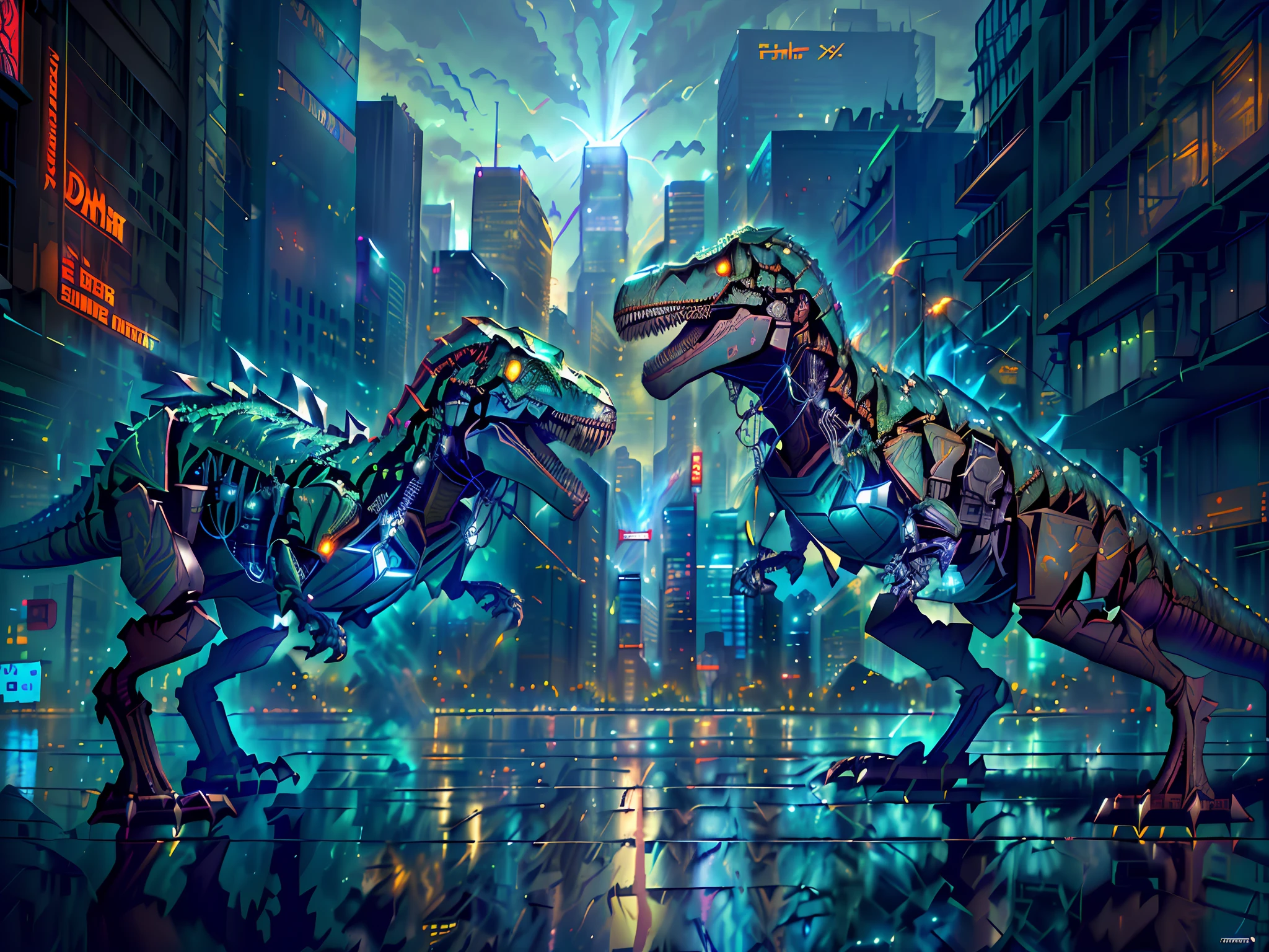 kMechAnimal, two dinosaurs are fighting in a city at night, dan mumford. 8 k octane render, dan mumford. octane render, dan mumford. maya render, dan mumford. concept art, in the style dan mumford artwork, anton fadeev and dan mumford, dan mumford and pixar, 4k highly detailed digital art, fractal thunder dan mumford