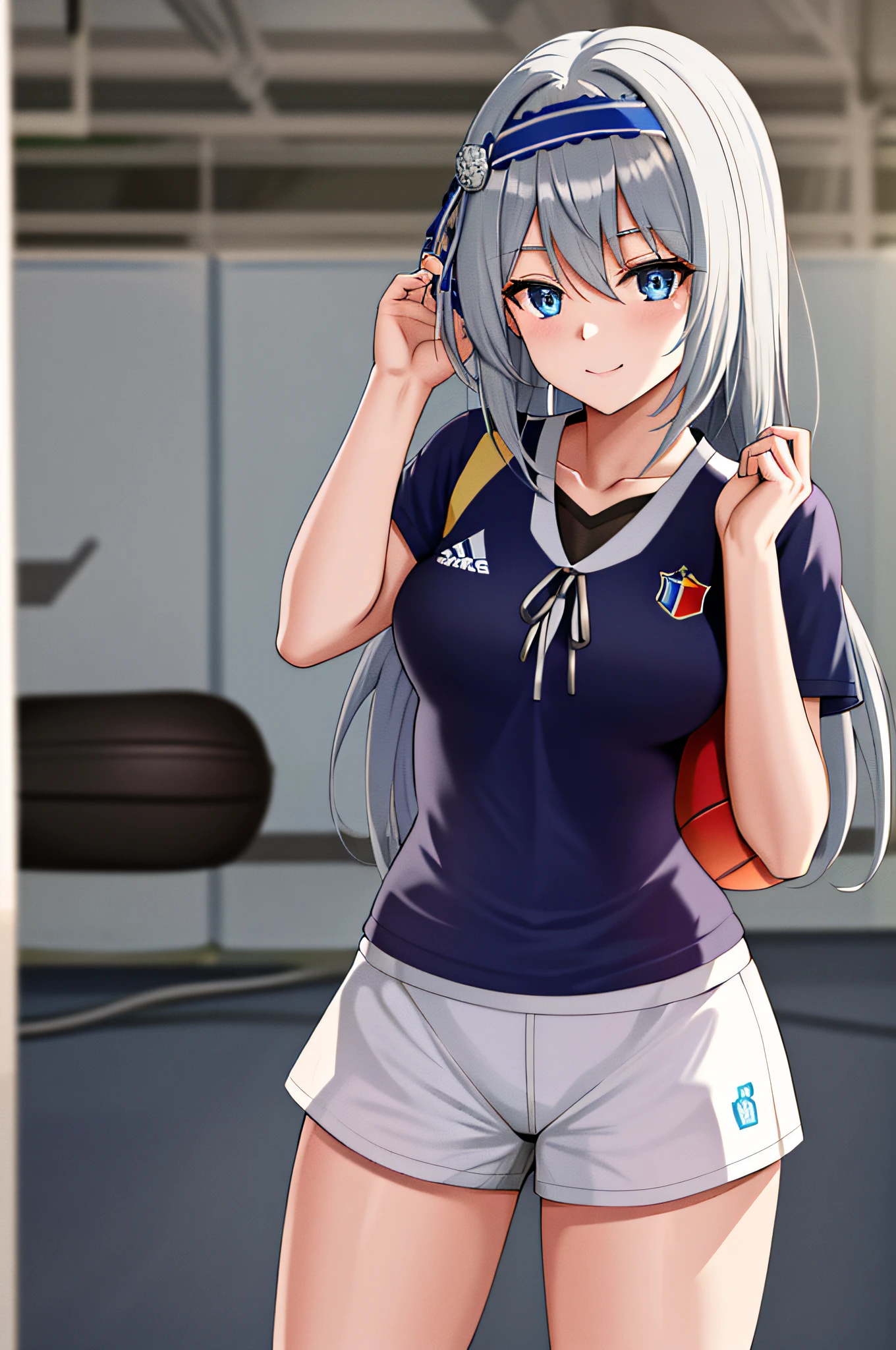 masterpiece, best quality, highres, kei1, 1girl, solo, blue eyes, long hair, (wears a Venezuelan football uniform that is called Vino tinto), ribbon, bangs, collarbone, gray hair, black hair band, neck ribbon, hair between eyes, medium breasts, cowboy shot, smile, full body anatomically correct, this on a football field patting a normal soccer ball,  Complete eScenario detallado