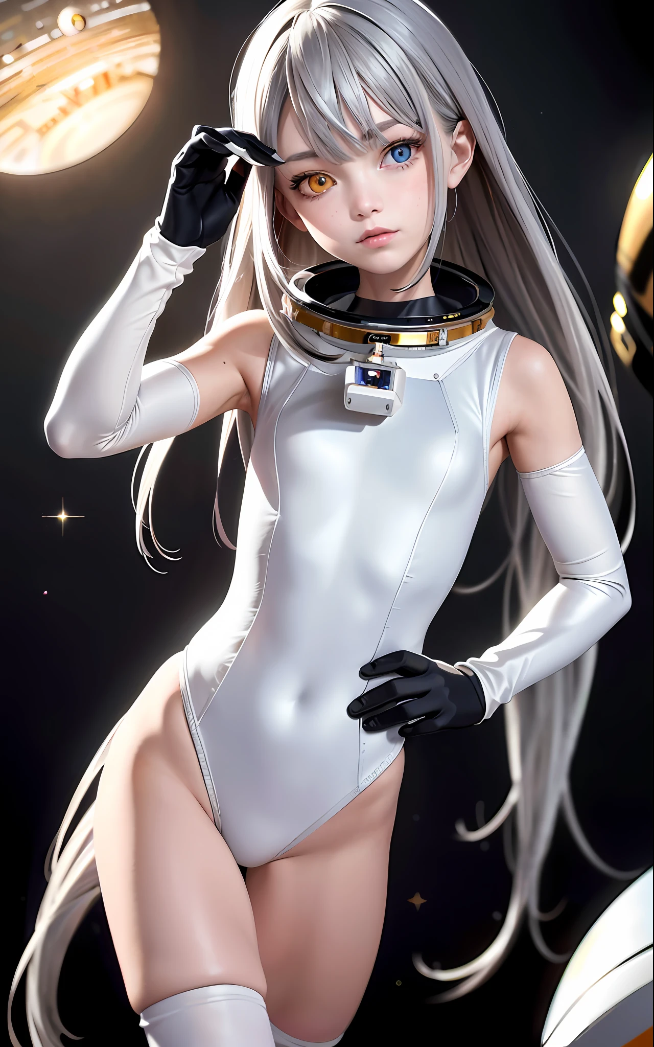 Best, Masterpiece, High Resolution, Best Quality, Ultra HD, Super Detail, Award-Awarded, 16k, (Upper Body), Beautiful Girl, Gray Hair, Hair Strands, ((Heterochromia)), Hanging Corners, Fair Skin, (Small), (Slim Body), ((Astronaut Costume))