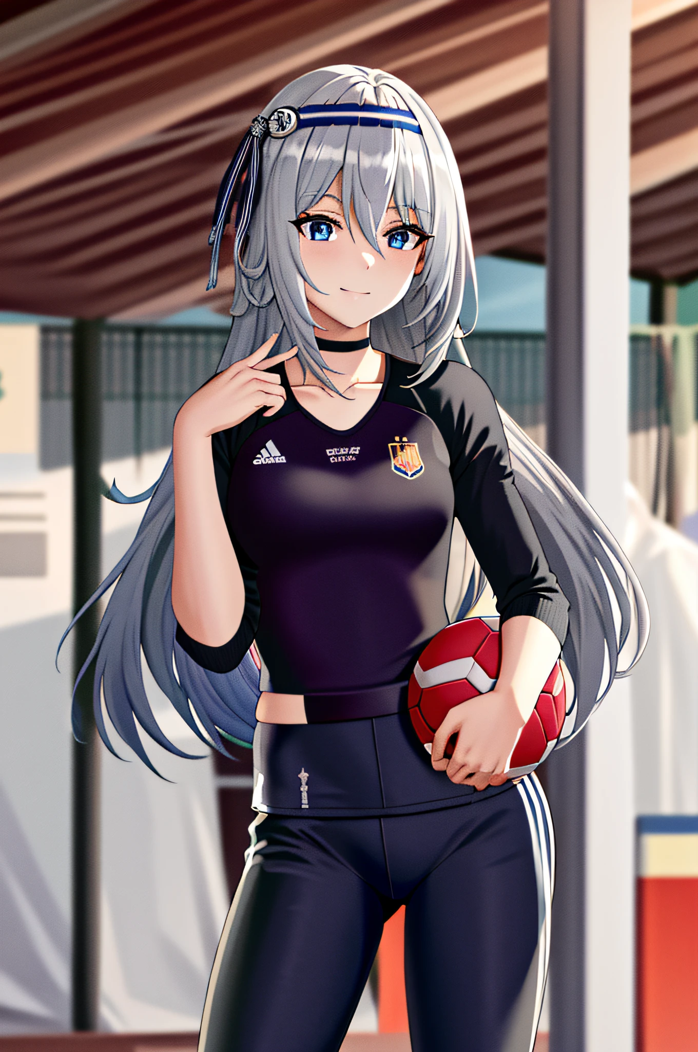 masterpiece, best quality, highres, kei1, 1girl, solo, blue eyes, long hair, (wears a Venezuelan football uniform that is called Vino tinto), ribbon, bangs, collarbone, gray hair, black hair band, neck ribbon, hair between eyes, medium breasts, cowboy shot, smile, full body anatomically correct, this on a football field patting a normal soccer ball,  Complete eScenario detallado