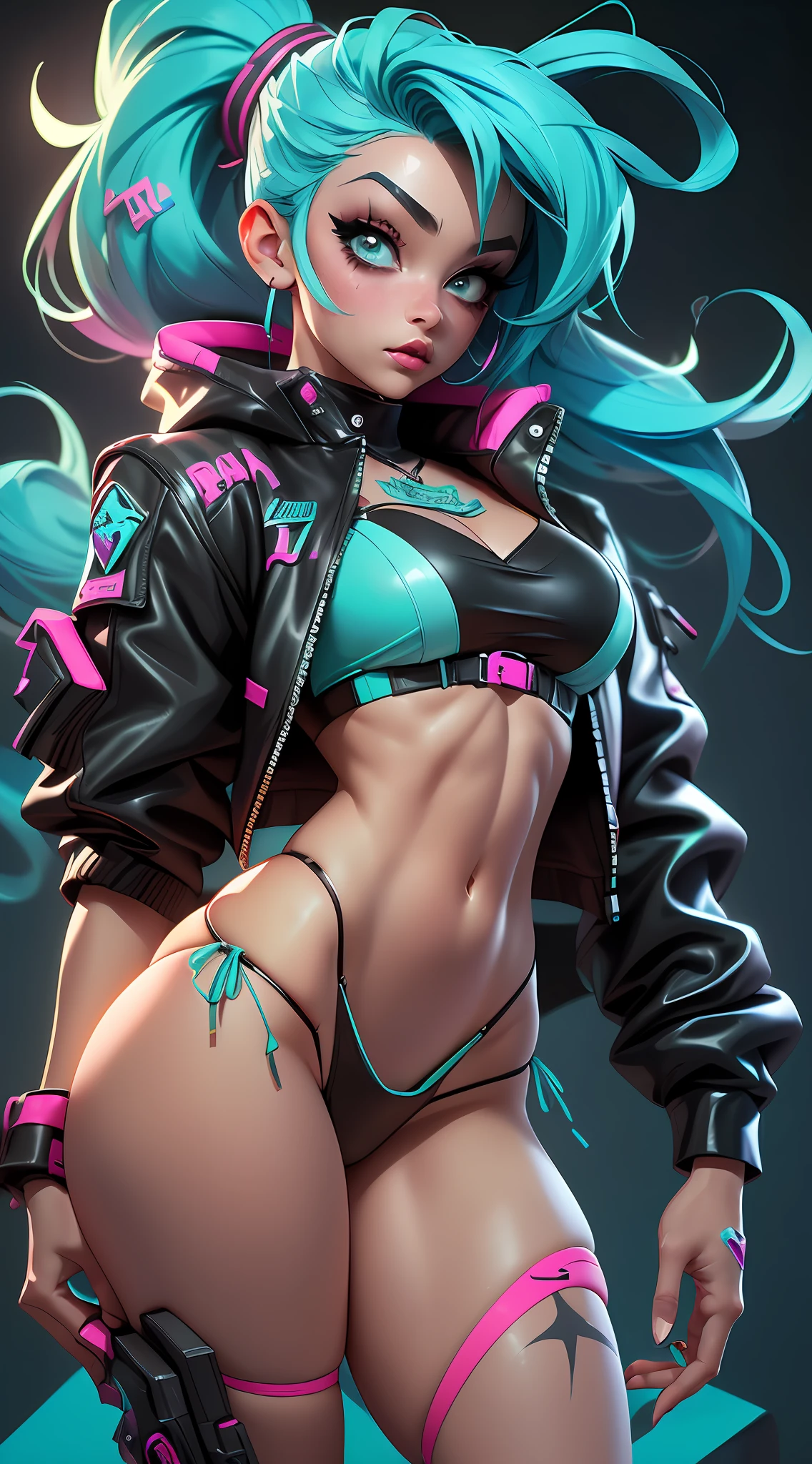 ((Best Quality)), ((Masterpiece)), ((Realistic)) and ultra-detailed photography of a 1nerdy girl with goth and neon colors. She has ((turquoise hair)), wears a small skimpy black bikini thong , ((beautiful and aesthetic)), muscular abs, sexy, under-boobs, hot