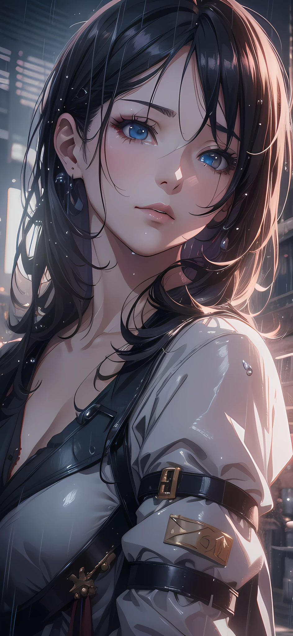 16K, HDR, Ultra HD, Best Quality, Masterpiece, Anime Style, Beautiful Young Woman in Beautiful Garden, It's Raining, Wet, Detailed Raindrops, Cowboy Shot, Ultra Beautiful Detail Eyes, Ultra Detailed Face, Complex, Perfect, Model, Texture, Chiaroscuro, Professional Makeup, Realistic, Rough, Dominant, People in Frame, Made by WLOP, Cinematic Lighting, Award-Winning Style, RTX, Ray Tracing, Surreal, Ethereal, Post-apocalyptic, dystopia, cyberpunk, night, neon, despair,