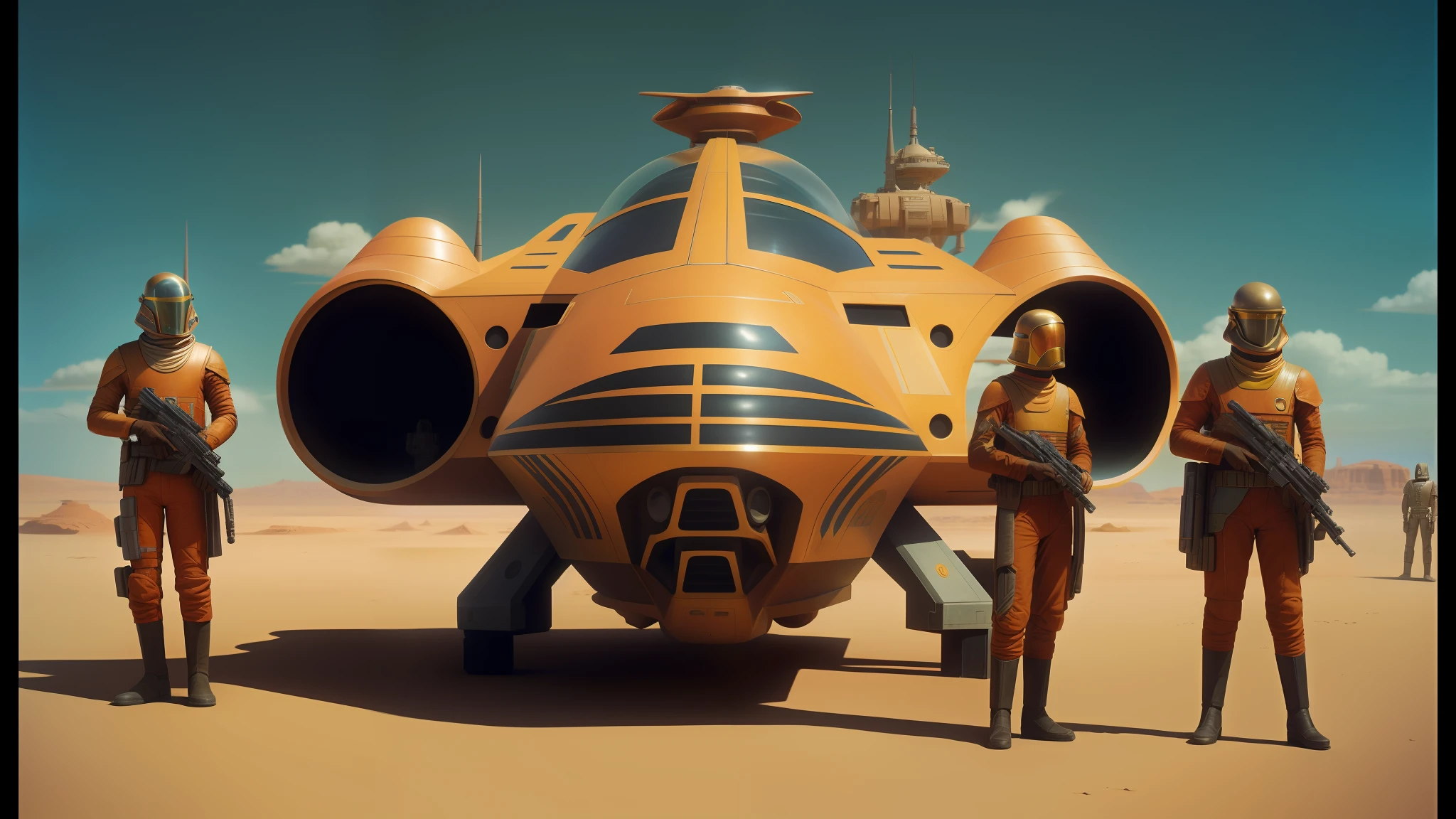 there are three people standing in front of a space ship, dan mcpharlin : : ornate, solidworks, sleek interceptor profile, inspired by Thomas Blackshear, tatooine, taxi, 70s photo, by senior environment artist, still image from tv series, by Anson Maddocks, red sand, pc boxart, hyperrealistic matte painting