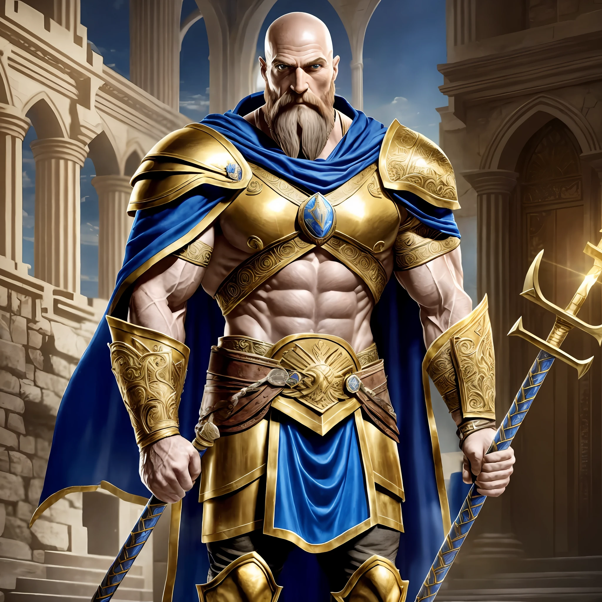 Tall, muscular, Old, Kratos, powerful, wearing a gold armor and a blue cape, standing in a castle, holding a large golden war hammer, Realistic, Full HD, best quality