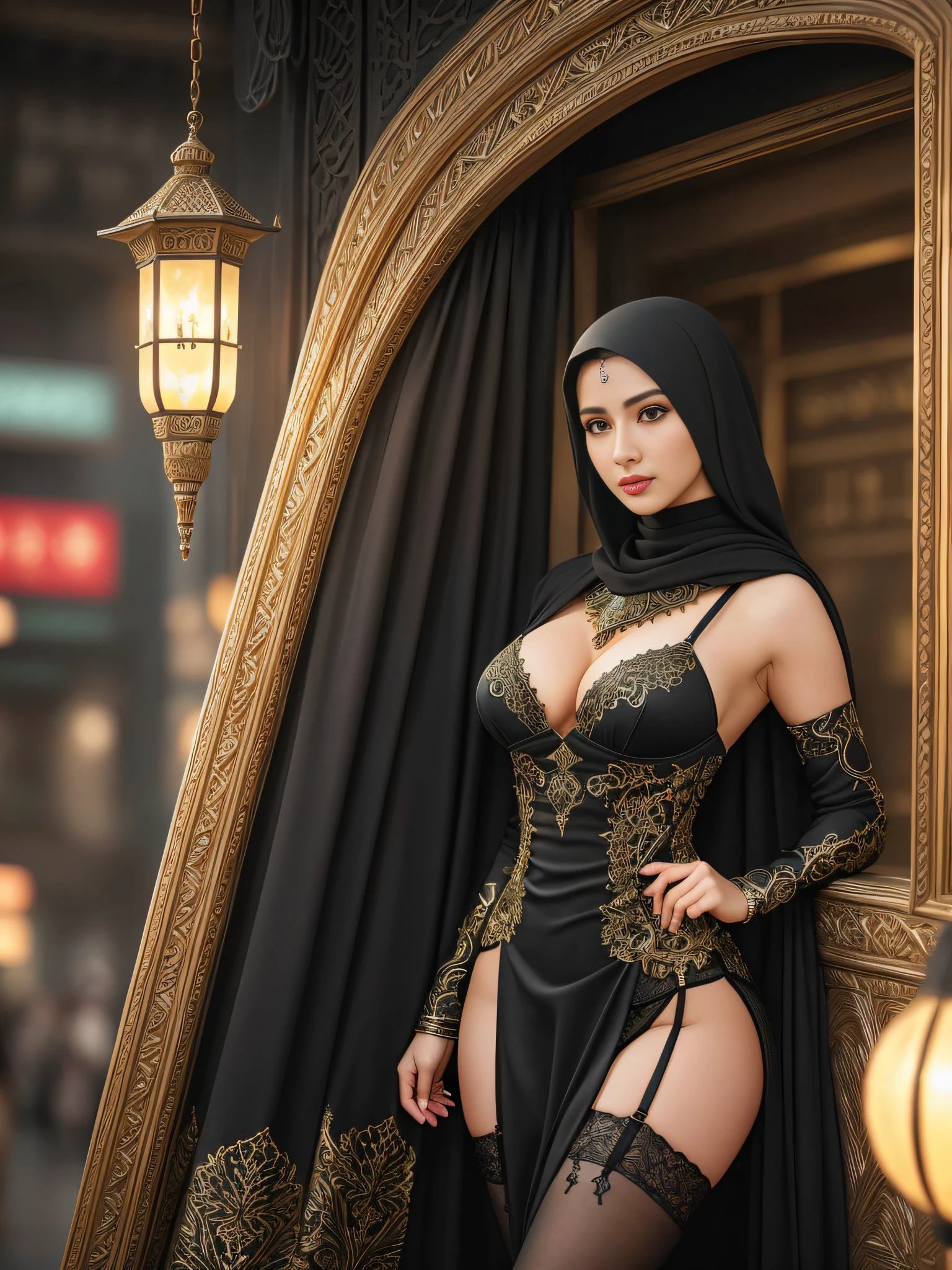 (long Full length body:1.3) photo of a (45-year-old Arabic (hijab)1.2 woman), semi-open strawberry lips, dimples, wistful look, (extra long wavy [brown|blonde:0.5] hair), ((detailed face)), ((detailed facial features)), (finely detailed skin), pale skin, perfect thighs legs, (deep neckline detailed high-tech cyberpunk tight dress), (high stockings), (stiletto pumps), standing legs parted, (cyberpunk megacity (oriental Arabic Persian city)), (hanging garden background with crowd), (cool colors), lace silk cotton fabric, reflections, (masterpiece) (perfect proportion)(realistic photo)(best quality) (detailed) (cinematic lighting) (dramatic lighting) (sharp focus) (intricate), stockings straps, high heel, arms back, 8k uhd dslr, Fujifilm XT3, extremely detailed, photorealistic, highly detailed, Sharp Focus, (Beautiful Eyes), (Detailed Eyes), (Detailed Face), Symmetrical Eyes, Sharp Eyes, Cold Face, (Full Body)1.1, Bodybuilder