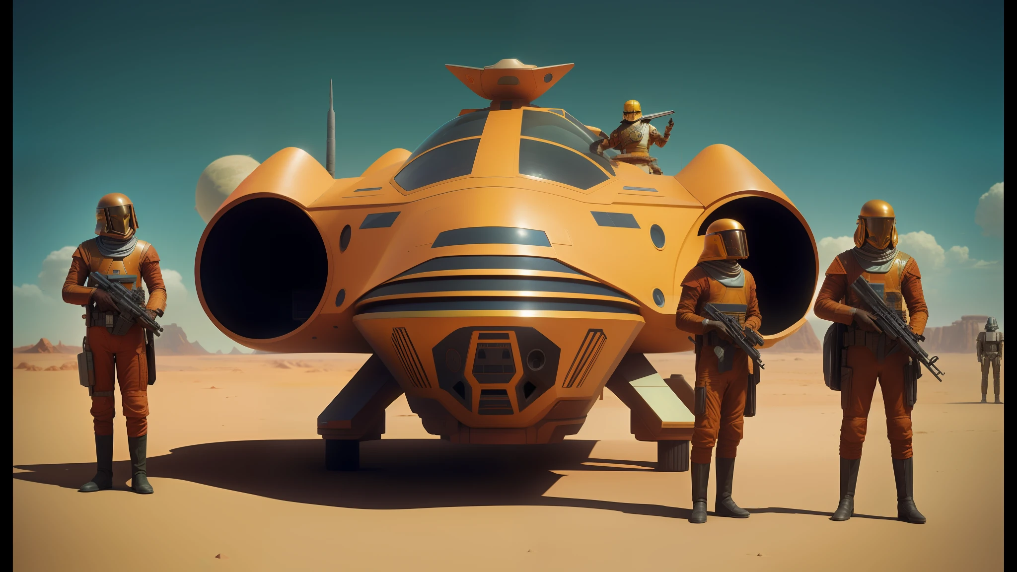 there are three people standing in front of a space ship, dan mcpharlin : : ornate, solidworks, sleek interceptor profile, inspired by Thomas Blackshear, tatooine, taxi, 70s photo, by senior environment artist, still image from tv series, by Anson Maddocks, red sand, pc boxart, hyperrealistic matte painting