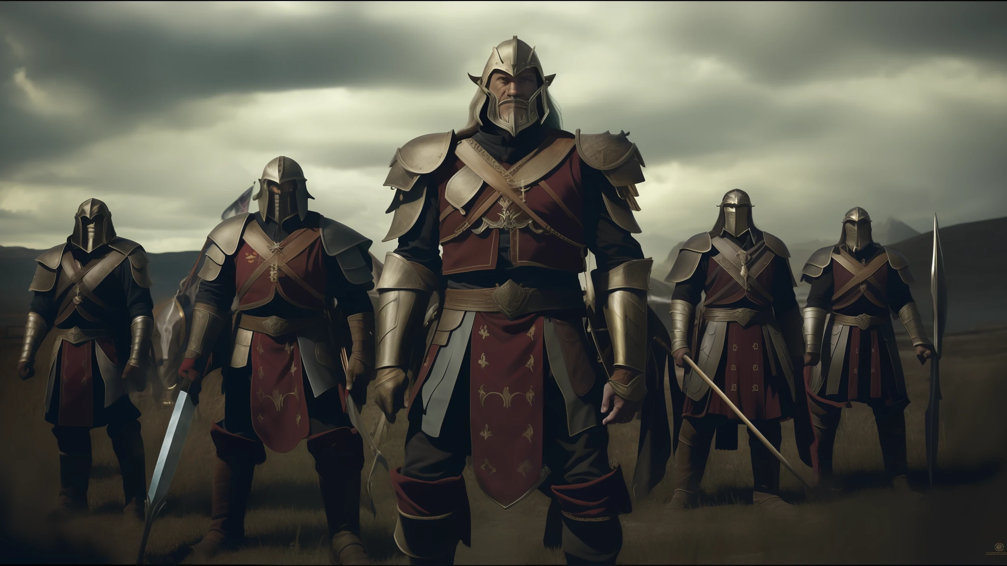 there are many people riding horses with flags and helmets on, best on cgsociety, gryffindor, movie still of a snarling, as atlantean reptilian warriors, by Þórarinn B. Þorláksson, tooth wu : : quixel megascans, anthropomorphic character, promotional shot, conquest