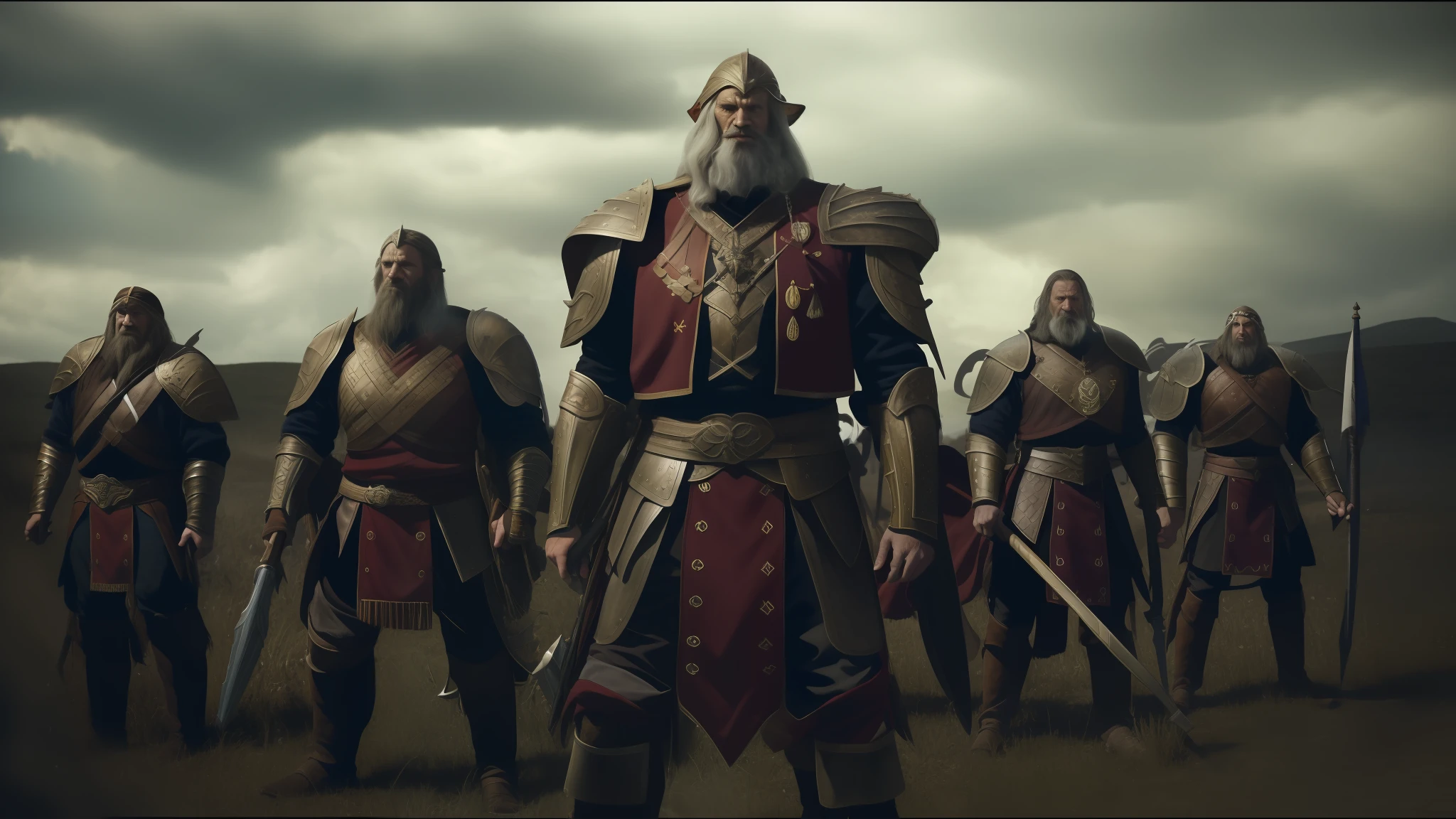 there are many people riding horses with flags and helmets on, best on cgsociety, gryffindor, movie still of a snarling, as atlantean reptilian warriors, by Þórarinn B. Þorláksson, tooth wu : : quixel megascans, anthropomorphic character, promotional shot, conquest