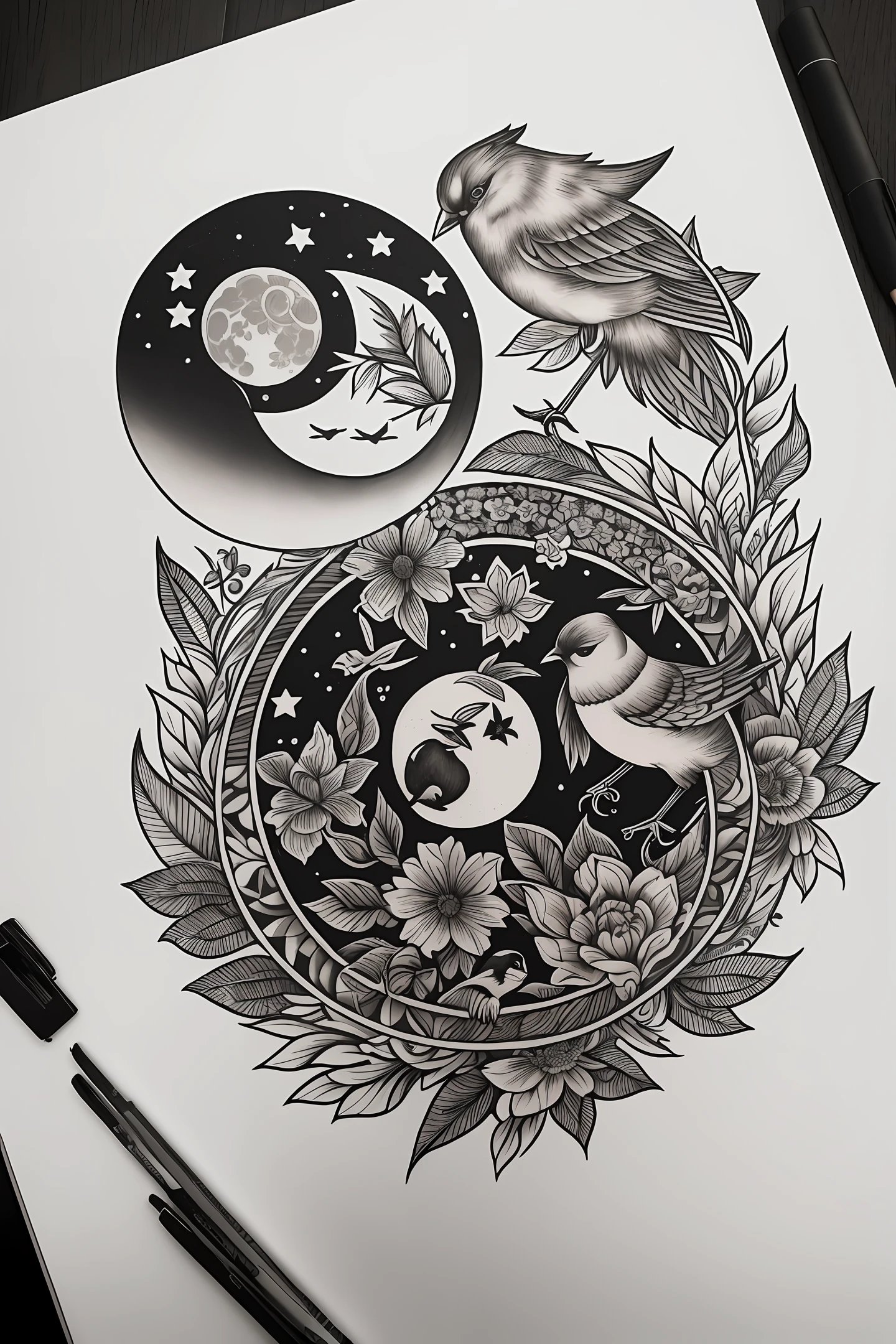 tattoo, drawing, bird, flower, moon, dog