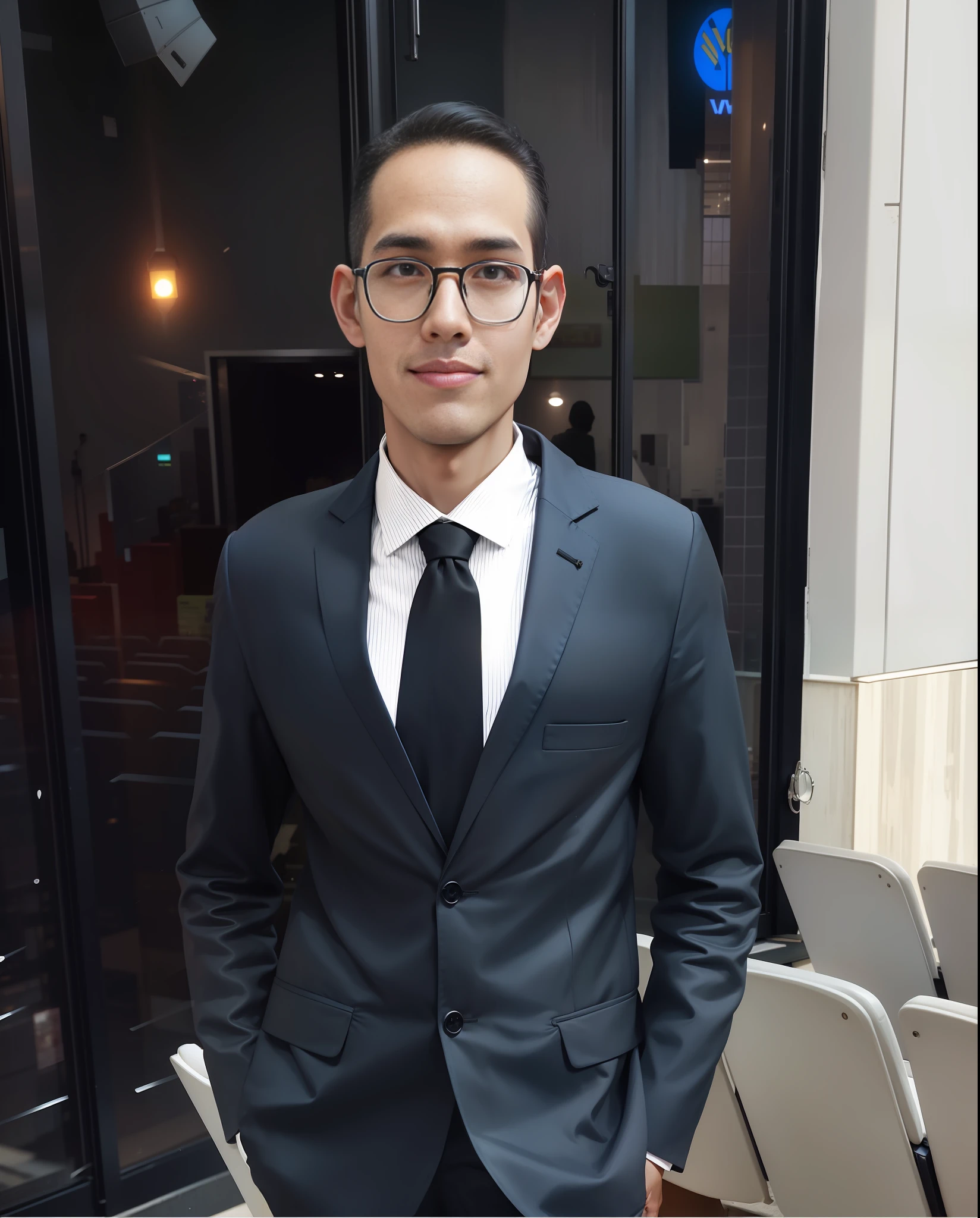 Brightness control, highlight eyes, Brazilian, glasses, white skin color, office, building, keep face.