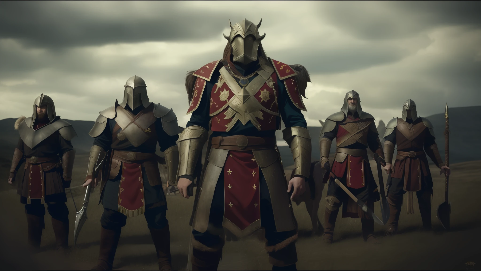 there are many people riding horses with flags and helmets on, best on cgsociety, gryffindor, movie still of a snarling, as atlantean reptilian warriors, by Þórarinn B. Þorláksson, tooth wu : : quixel megascans, anthropomorphic character, promotional shot, conquest