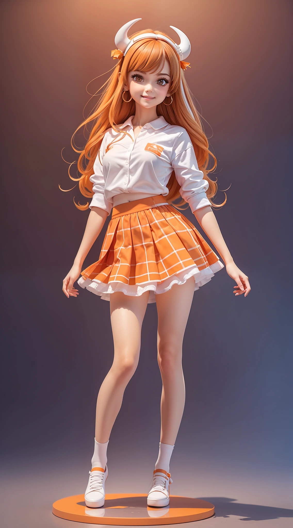 1girl, (anatomically correct), full body, (white shirt:1.1), (plaid skirt: 1.1), school sportswear, lace skirt, (orange stockings), (orange heels), broken [orange: pink: 0.5] theme, (gradient background: 1.1), long hair, (bull horn hair ring), orange eyes, smile, delicate headdress, clay texture, standing on round transparent glass, blind box toy style, sideways, panorama, (masterpiece: 1.1), (best quality: 1.1)