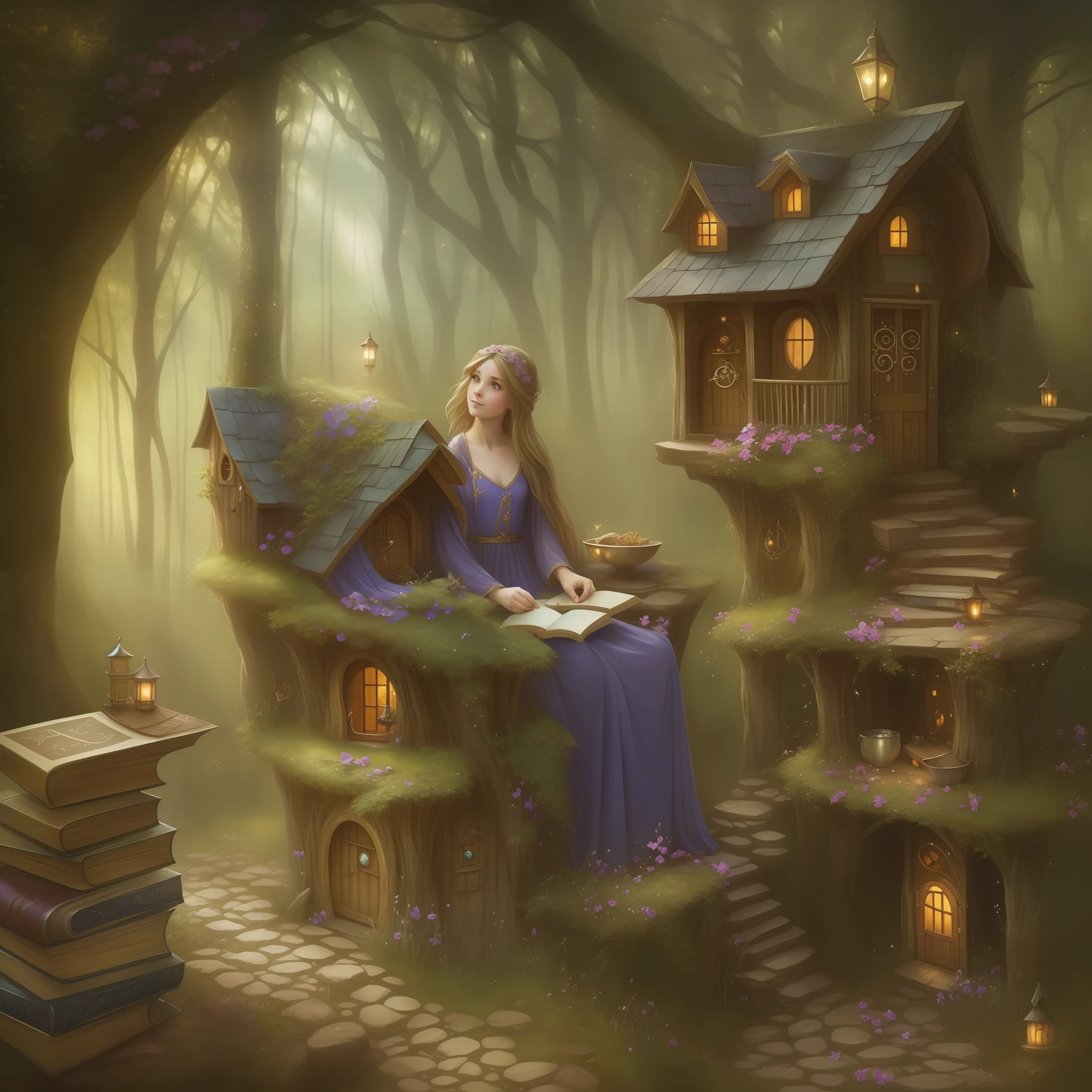 there is a book with a fairy house inside of it, a storybook illustration by Marie Bashkirtseff, pixabay contest winner, magical realism, storybook fantasy, fantasy book illustration, magic book, storybook art, story book, fantasy fairytale story, fantasy book, beautiful adult book fairy, very magical and dreamy, storybook style, storybook illustation