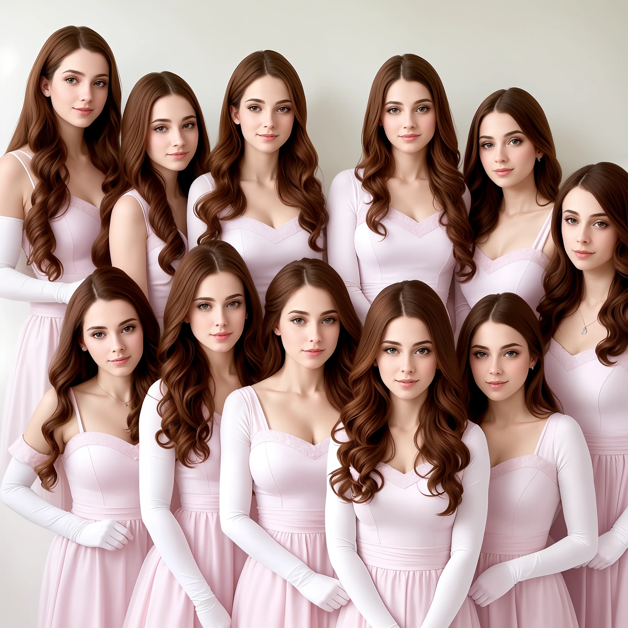 stunning identical sextuplets standing close together, in a room, 25 years old, full body, identical bodies, pale skin, athletic body, identical height, wearing pink dresses, wearing white elbow length gloves, same faces, same hairstyle, long wavy hair, same colour hair, light brown hair, five fingers on each hand, smiling, color, realistic, sharp focus on eyes, sharp focus on nose, 8 k, high definition, insanely detailed, elegant, ultra realistic, photorealism,