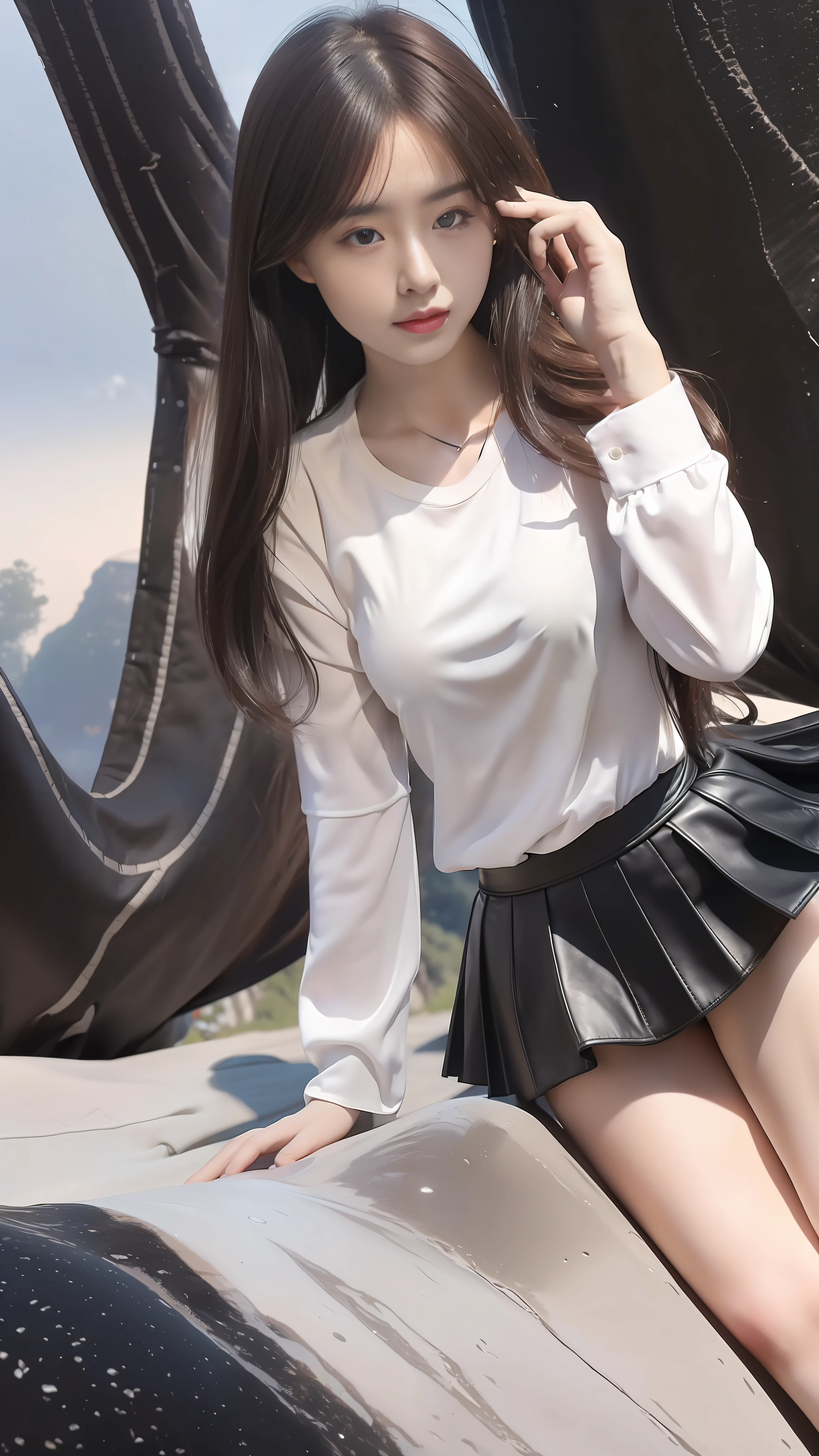 ((Dark Light, Top Quality, 8K, Masterpiece: 1.3)), (Focus: 1.2), 1 Girl, (Mountain Top, Sea of Clouds, Big Tree: 1.5), (Beauty and Elongated Abs: 1.4), ((Layered Hairstyle, Small Breasts: 1.4)), (Through White Open Shirt: 1.6), {No Bra: 1.5}, (Black Leather Short Skirt: 1.4), Highly Detailed Face and Skin Texture, Fine Eyes, Double Eyelids, Whitening Skin, (Full body: 1.5),