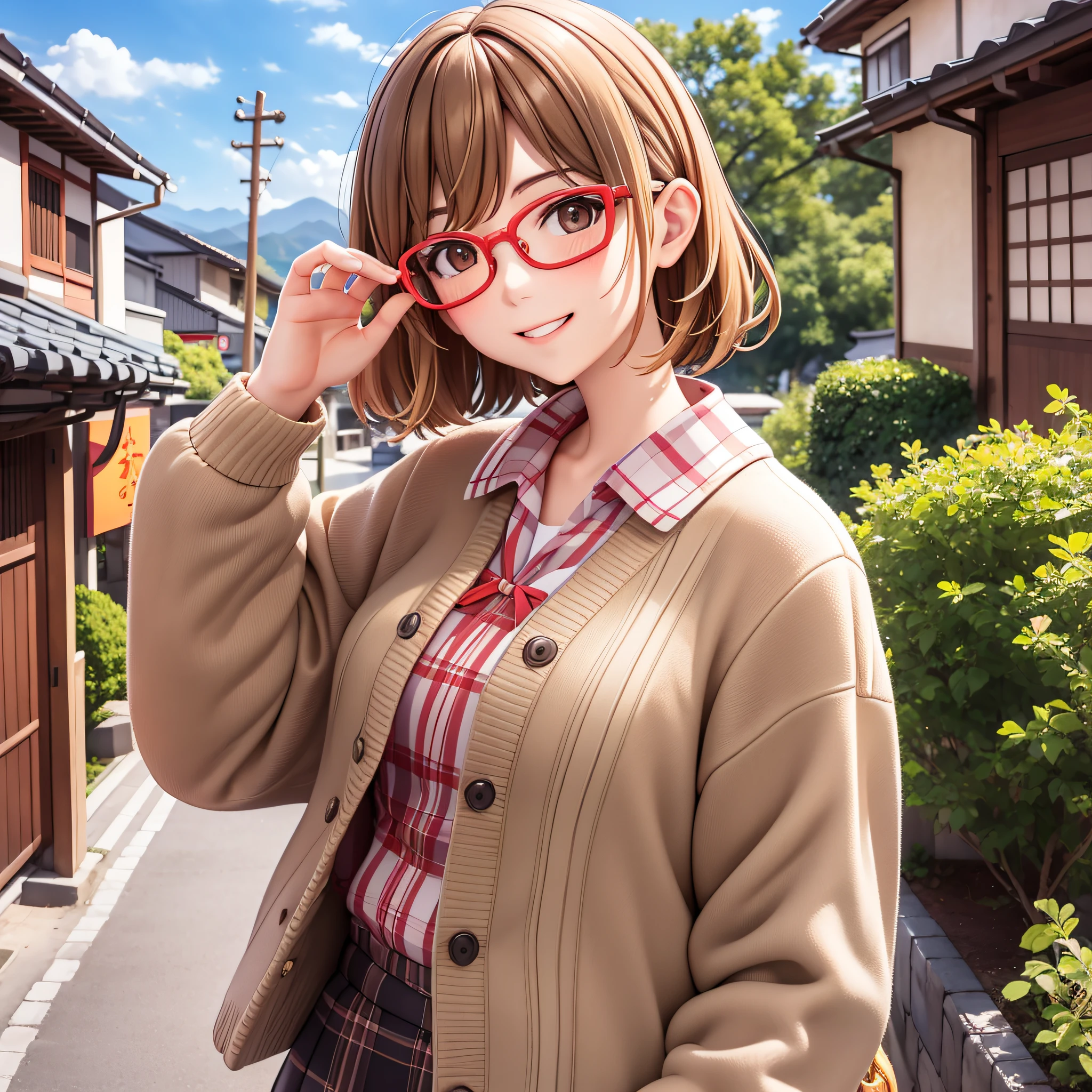 Clear. You can see the mountains in the distance. The townscape of Nishikikoji, Kyoto. Emily, waving her right hand from afar and smiling widely, is a 13-year-old French girl. Wavy short-cut hair mixed with brown and blonde, straight bangs, beauty with glasses, small breasts, fond of camisoles. I like brown frame glasses.