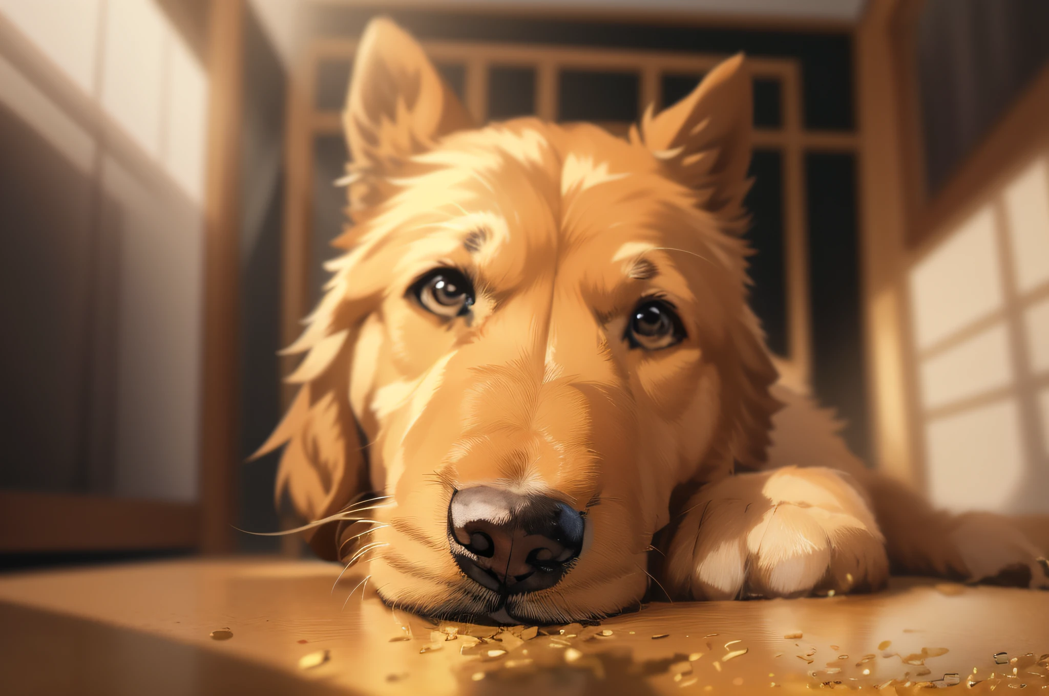 absurdres, highres, ultra detailed, masterpiece, best quality, cinematic shot of a Intense [Golden Retriever], shallow depth of field, Sketched, volumetric lighting, F/2.8