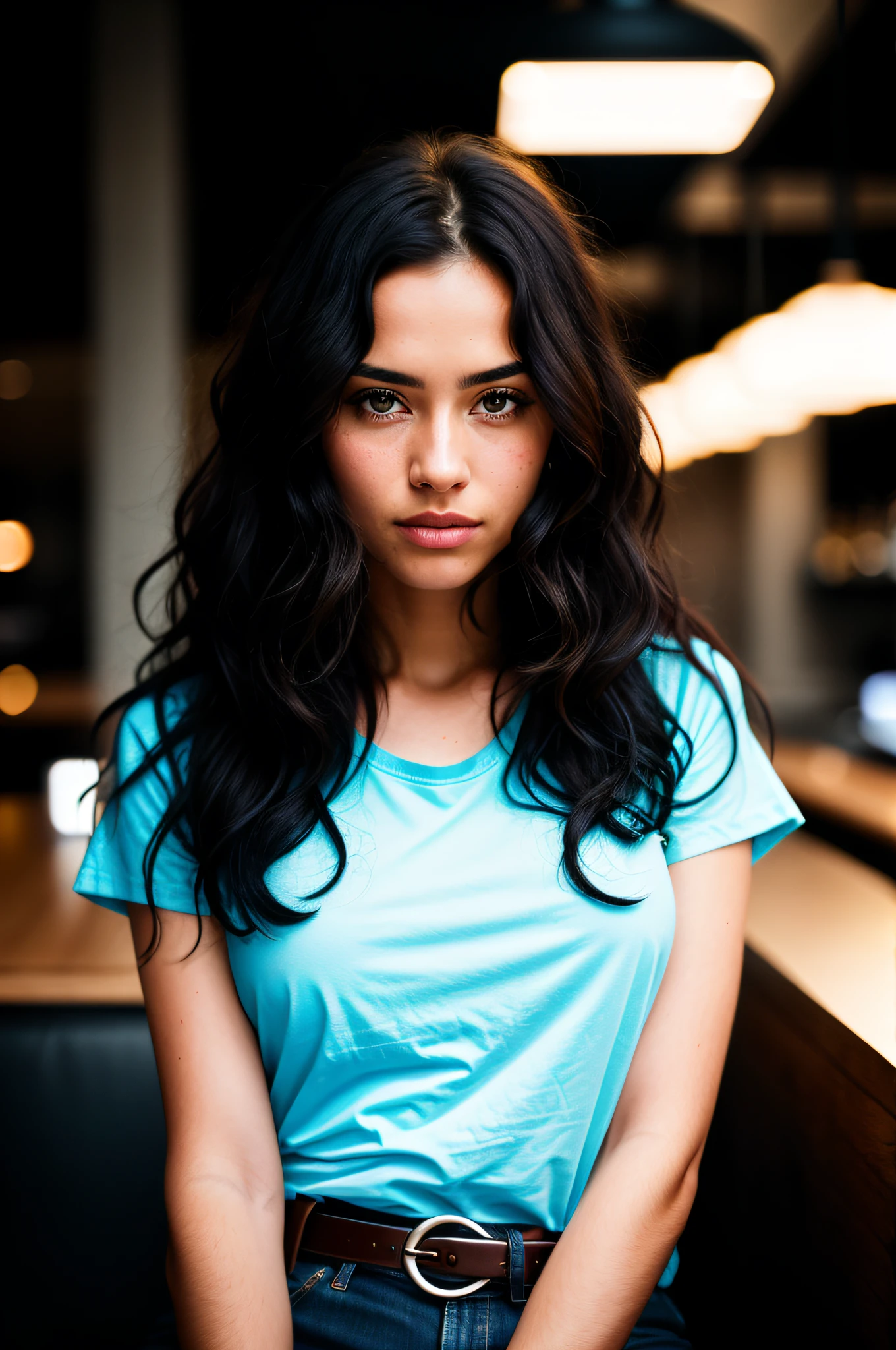 Beautiful woman, long curly black hair, wearing a light blue t-shirt, wearing leather belt, front view (sitting inside a modern restaurant at night), very detailed, 30 years, natural wave hair, blue eyes, high-res, masterpiece, best quality, intricate details, highly detailed, sharp focus, detailed skin, black skin, realistic skin texture, texture, detailed eyes, professional, 4k, Canon shooting, 85mm, shallow depth of field, Kodak color vision, perfect fit body, extremely detailed, photo_\(ultra\), photo realistic, realistic, post-processing, maximum detail, roughness, real life, ultra realistic, photorealism, photography, 8k uhd, photography (grain of film) medium shot for closeup shot atmospheric dark lighting