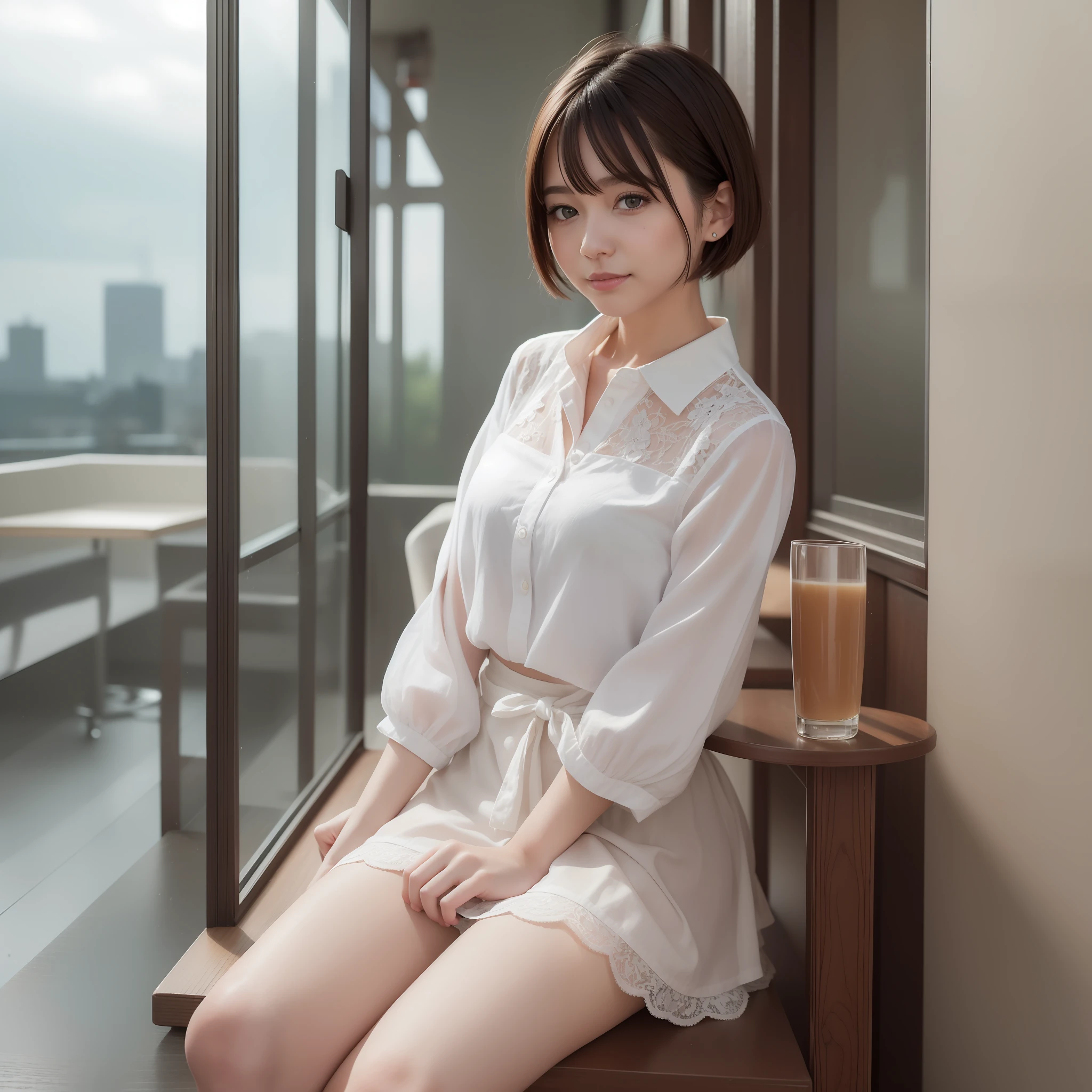 Top Quality, Masterpiece: 1.2), (Realistic, Photorealistic: 1.37), Super Detailed, Girl 1 Person, Cute, Solo, Beautiful Detailed Sky, Detailed Cafe, Sitting, Date, (Blush), (Smile: 1.15), (Closed Mouth) Small, Fine and Beautiful Eyes, (Shirt with Collar: 1.1), Night, Wet, Office Clothes, White Lace, (Short Hair: 1.2),
Japan person, miniskirt