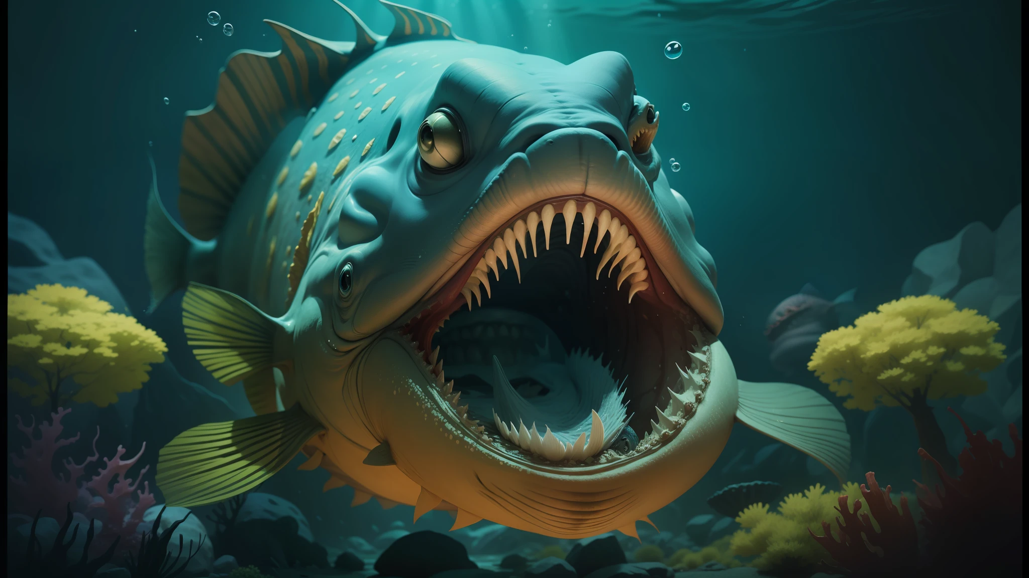 there is a fish with its mouth open and its mouth wide open, scary fish, deep sea picture, scary sea monster, deep sea monster, underwater sea monster, sea monster, illustration of an angler fish, deep sea fish, dagon, deep sea creatures, ocean giant creature bloop, realistic paleoart, deep sea horror, ultrarealistic digital art --auto --s2