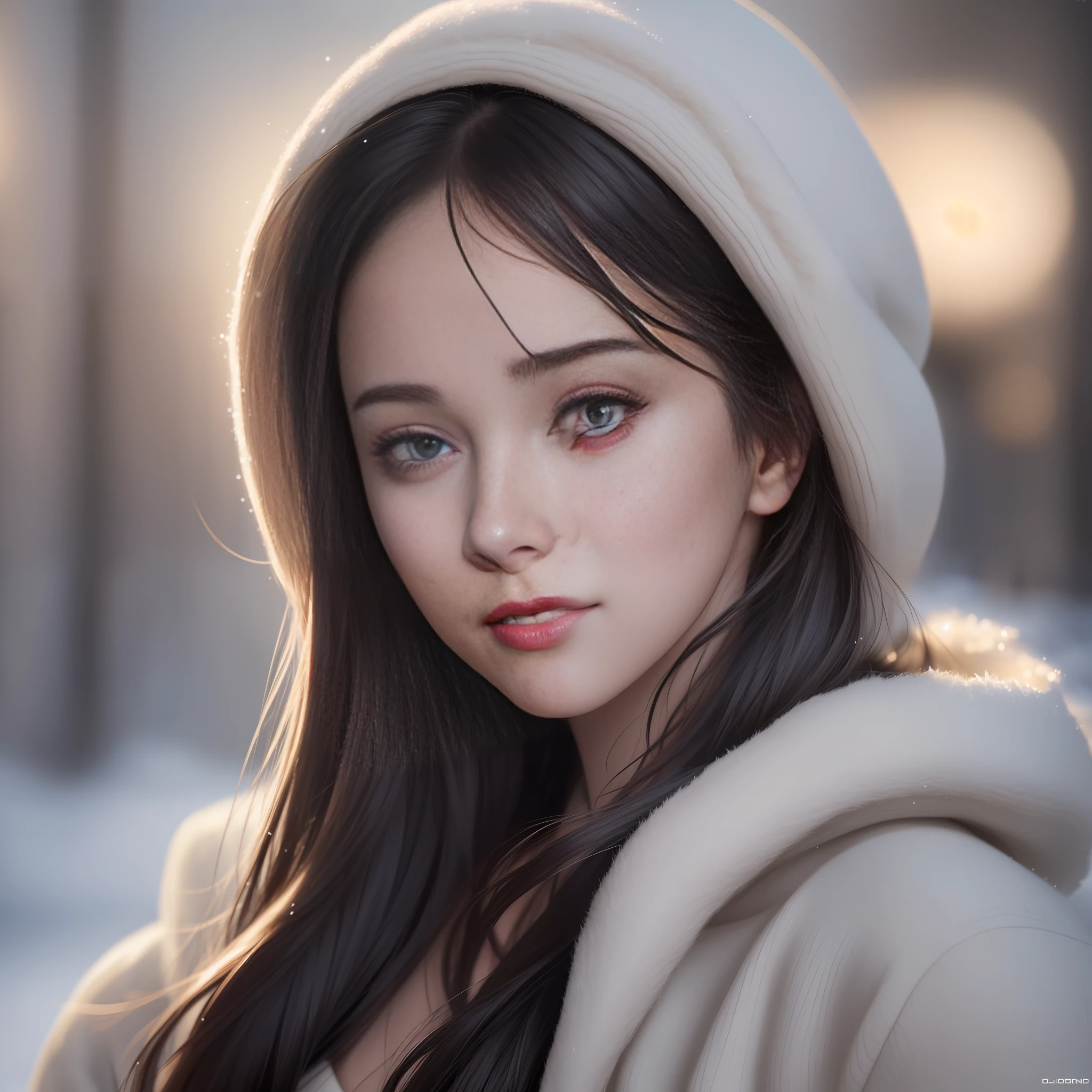 (fashion photography) (half-body vision), 1woman, natural skin texture, realistic eyes and face details, ((dreamer)), detailed face, cinematic lighting, snow, (8K, RAW photo, professional, best quality, masterpiece: 1.2), (realistic, photorealistic: 1.3), soft light