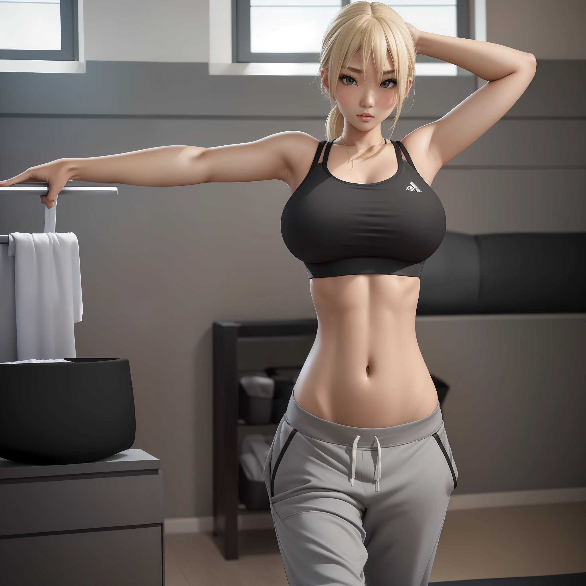 beautiful young asian woman, blonde hair, black at the roots, ((gray sports bra, sweatpants):1.2), stretching her muscles, stretching arms upwards, defined body, large breasts, large buttocks, tall, (longtorso:1.2)