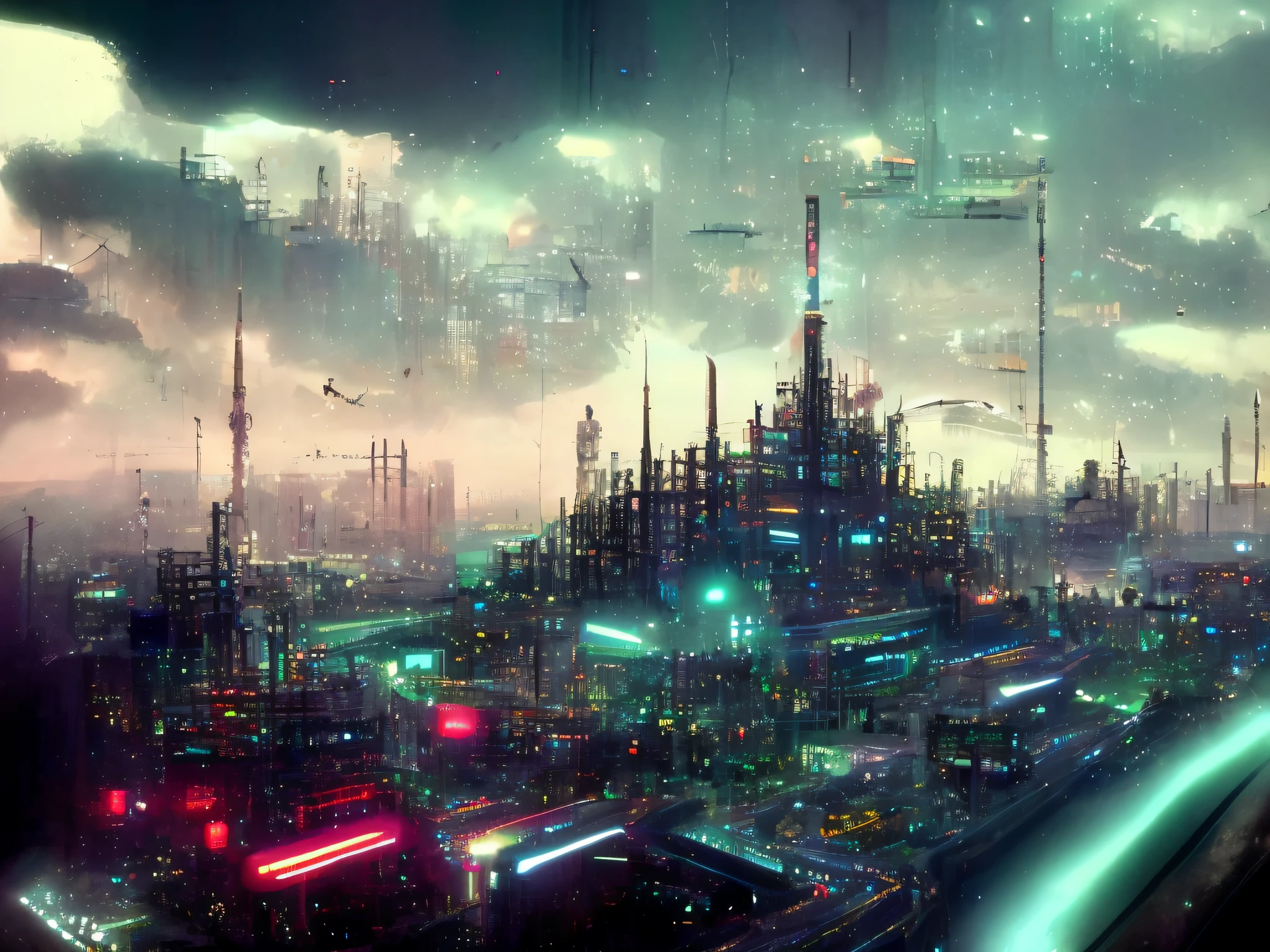 digital ink, wide shot, sci fi city, Cybercity, style by JovianSociety