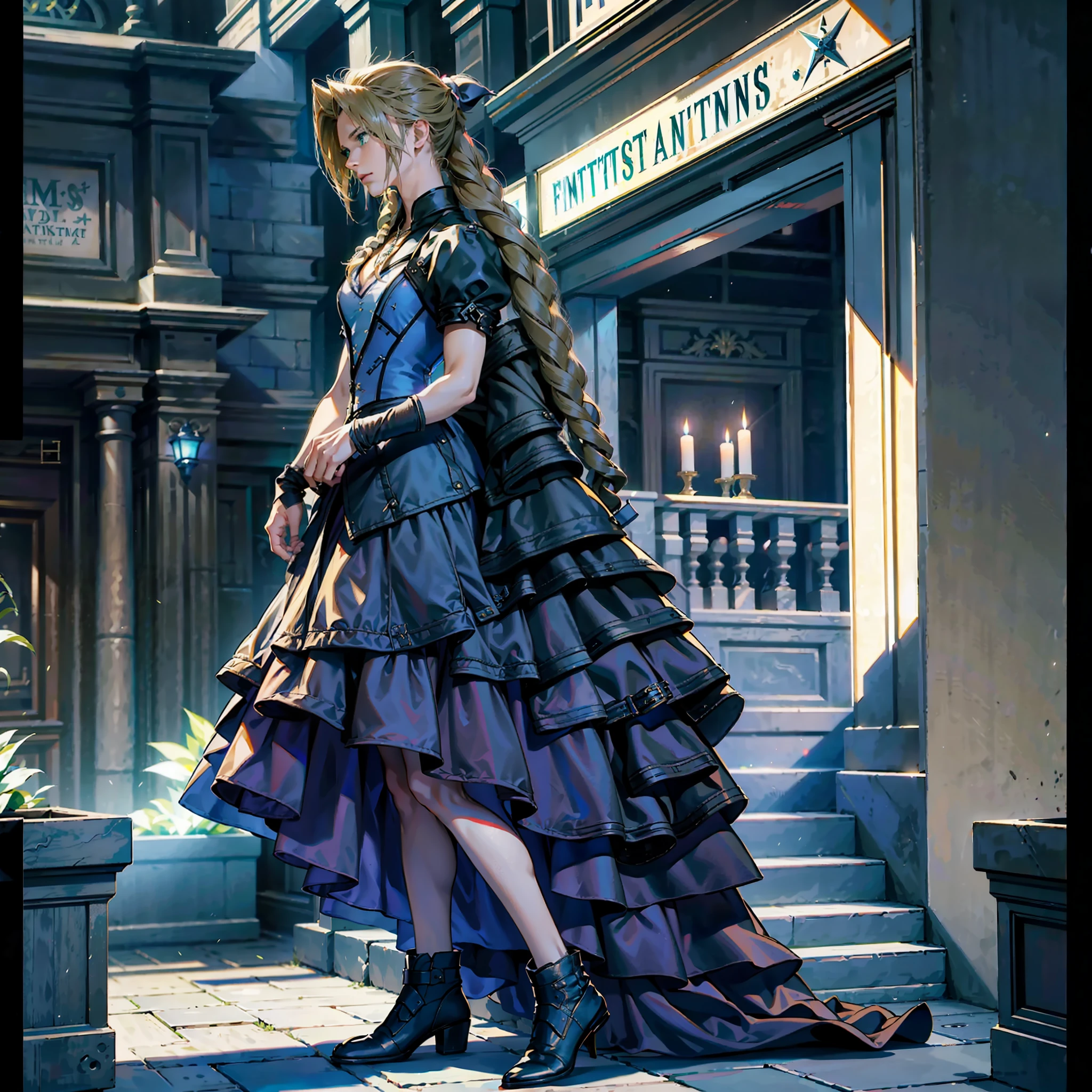 Anime characters are standing side by side in a courtyard, from Final Fantasy VII, from FF7, Clous strife, Aerith Gainsborough, Beautiful, from Final Fantasy, FF 7, Final Fantasy, Final Fantasy, Final Fantasy, Glamorous Cloud strife, Aerith Portrait, Final Fantasy Face, Style Square Enix, Square Enix Cinematic Art, Square Enix, Final Fantasy Style