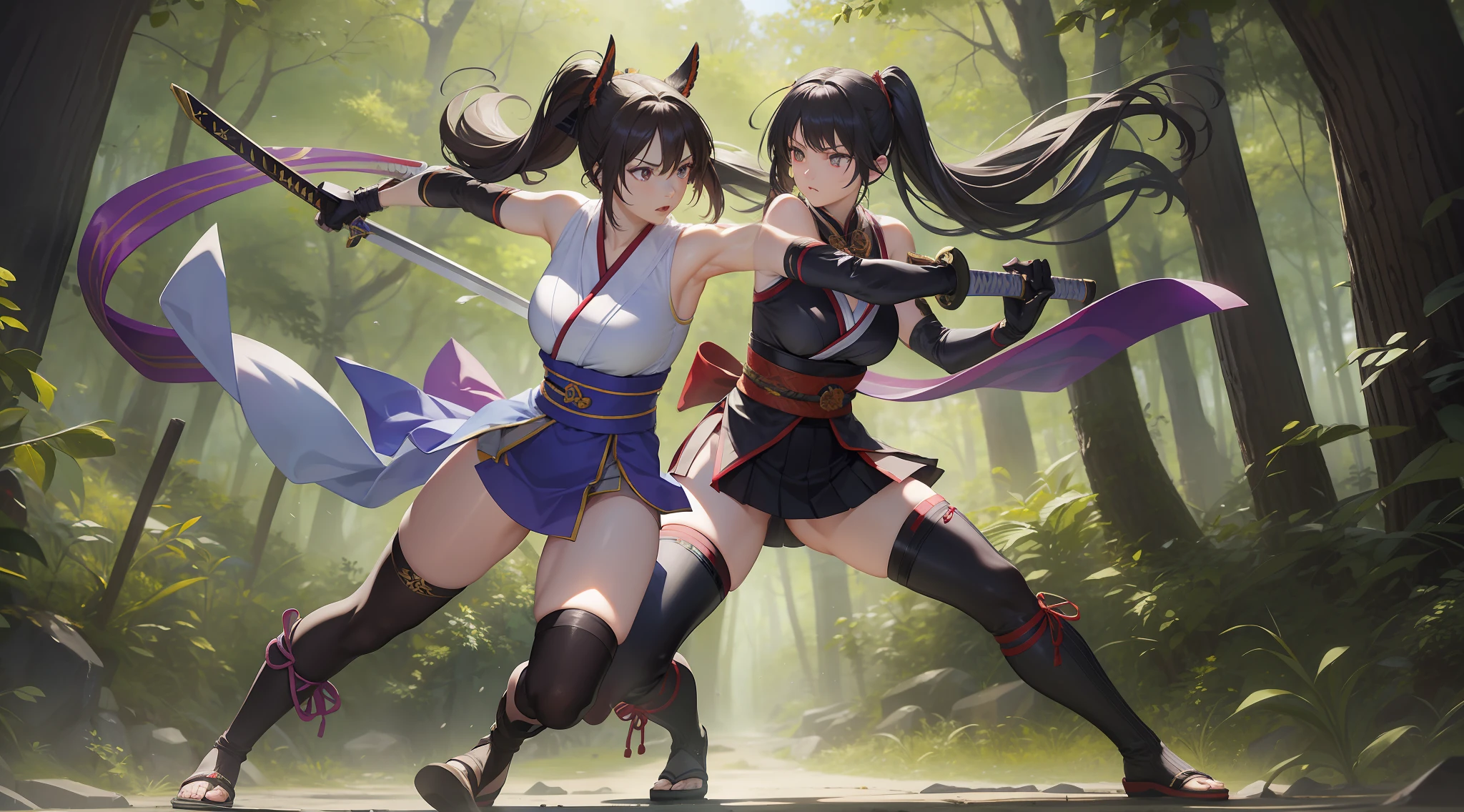Full body shot of character from Dead or Alive game. Kasumi versus Ayane, same size, engaged in a fierce duel with short swords, showcasing their impressive swordplay and deadly precision. Their long loose hairstyles flow behind them as they battle in a stunning and lush forest setting. Both warriors are dressed in sleeveless kimonos and skirt, adorned with an obi tied to back hip, and accessorized with black thin elbow gloves, 100% black thigh high socks, and small black boots.