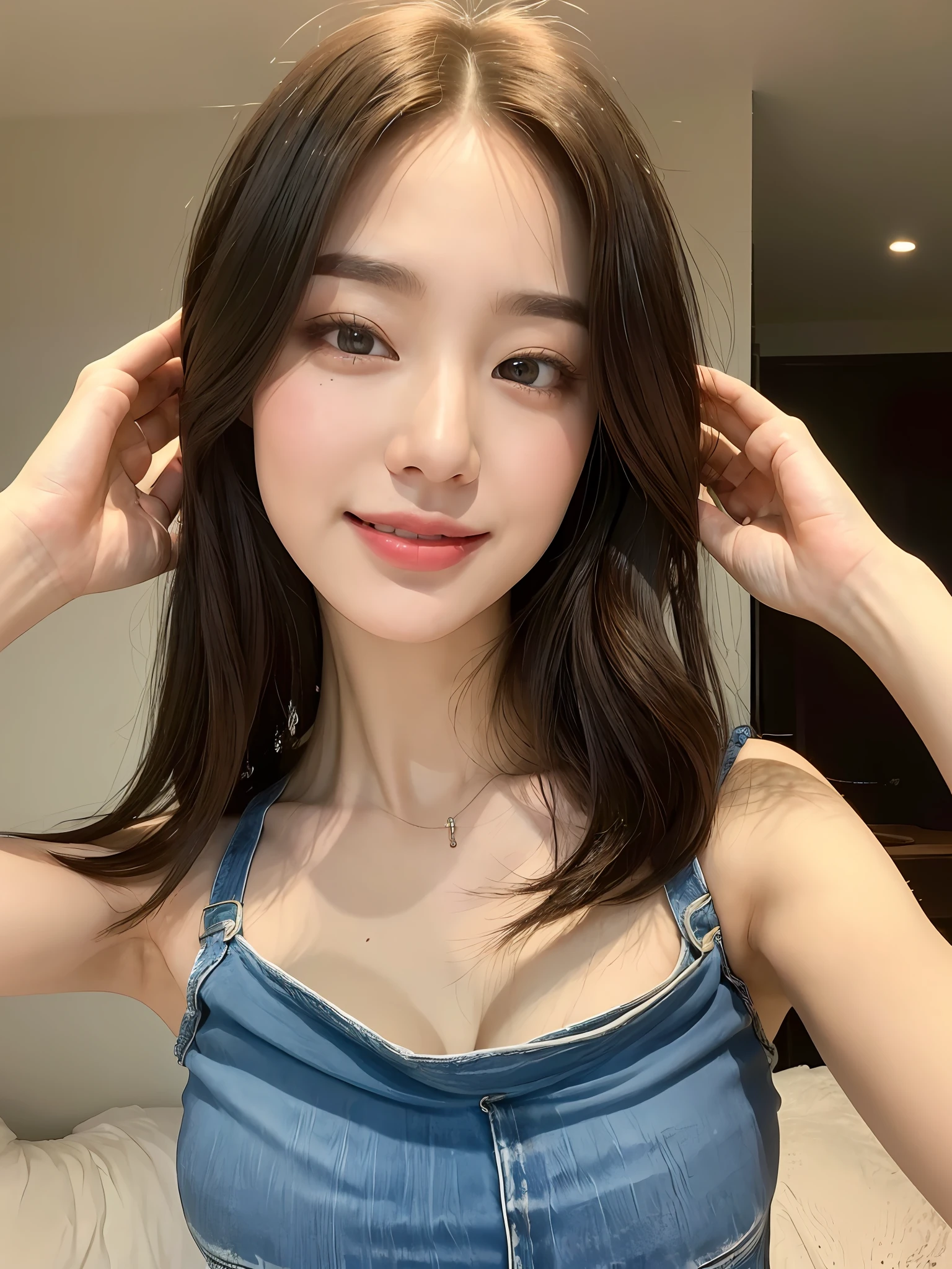 ((Best Quality, 8K, Masterpiece: 1.3)), 1girl, Slim Abs Beauty: 1.3, (Hairstyle Casual, Big Breasts: 1.2), Dress: 1.1, Super Fine Face, Delicate Eyes, Double Eyelids, Smile, Home