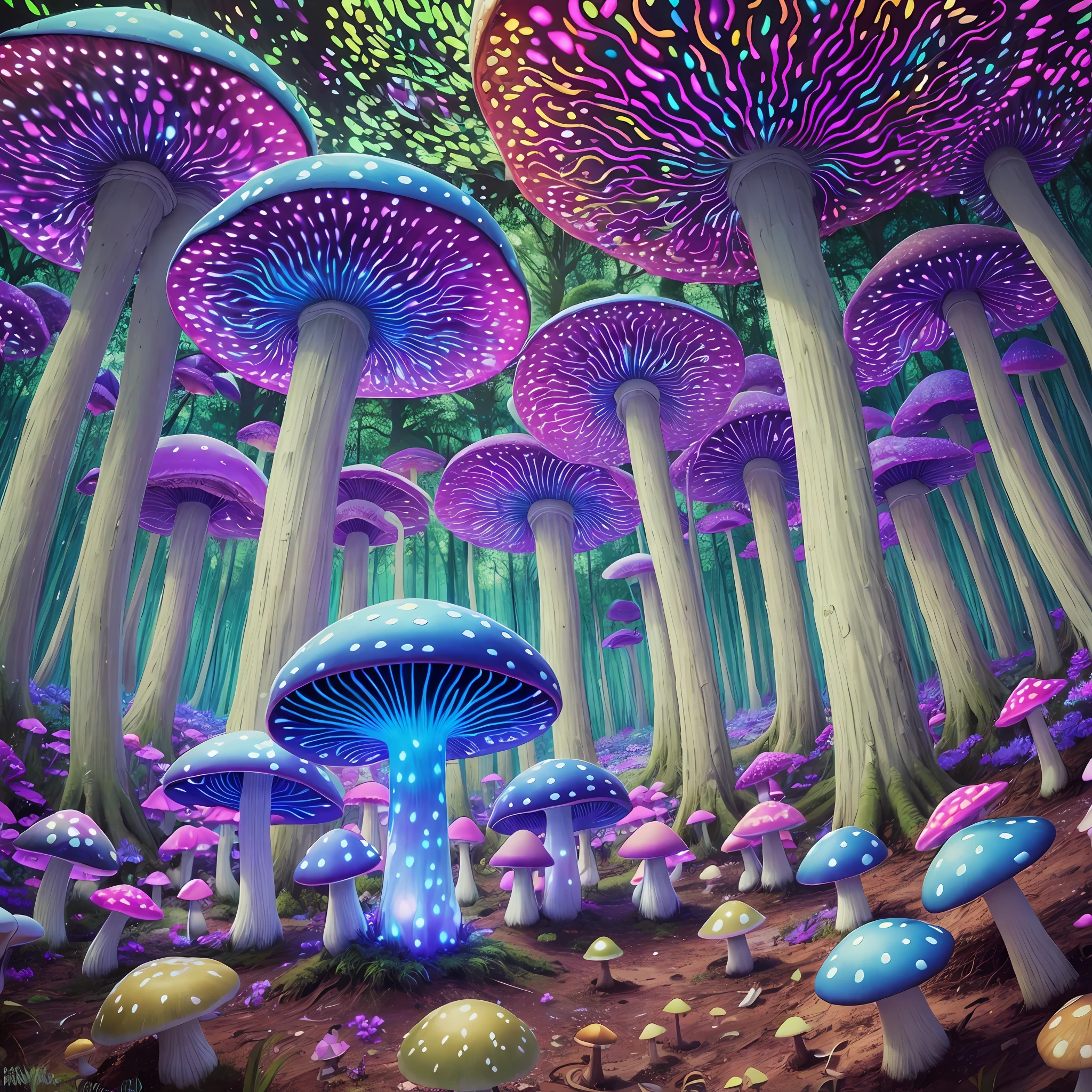 a close up of a painting of a forest with mushrooms, magic mushroom, magic mushrooms, neon mushrooms, psychedelic mushrooms dream, trippy mushroom, psychedelic mushrooms, glowing mushrooms, glowing blue mushrooms, trippy art, psychedelics, fluorescent mushrooms, shrooms, mushroom forest, mushrooms milky way, mushroom fractals, glowing blue mushrooms in mire, glowing fungus --auto --s2