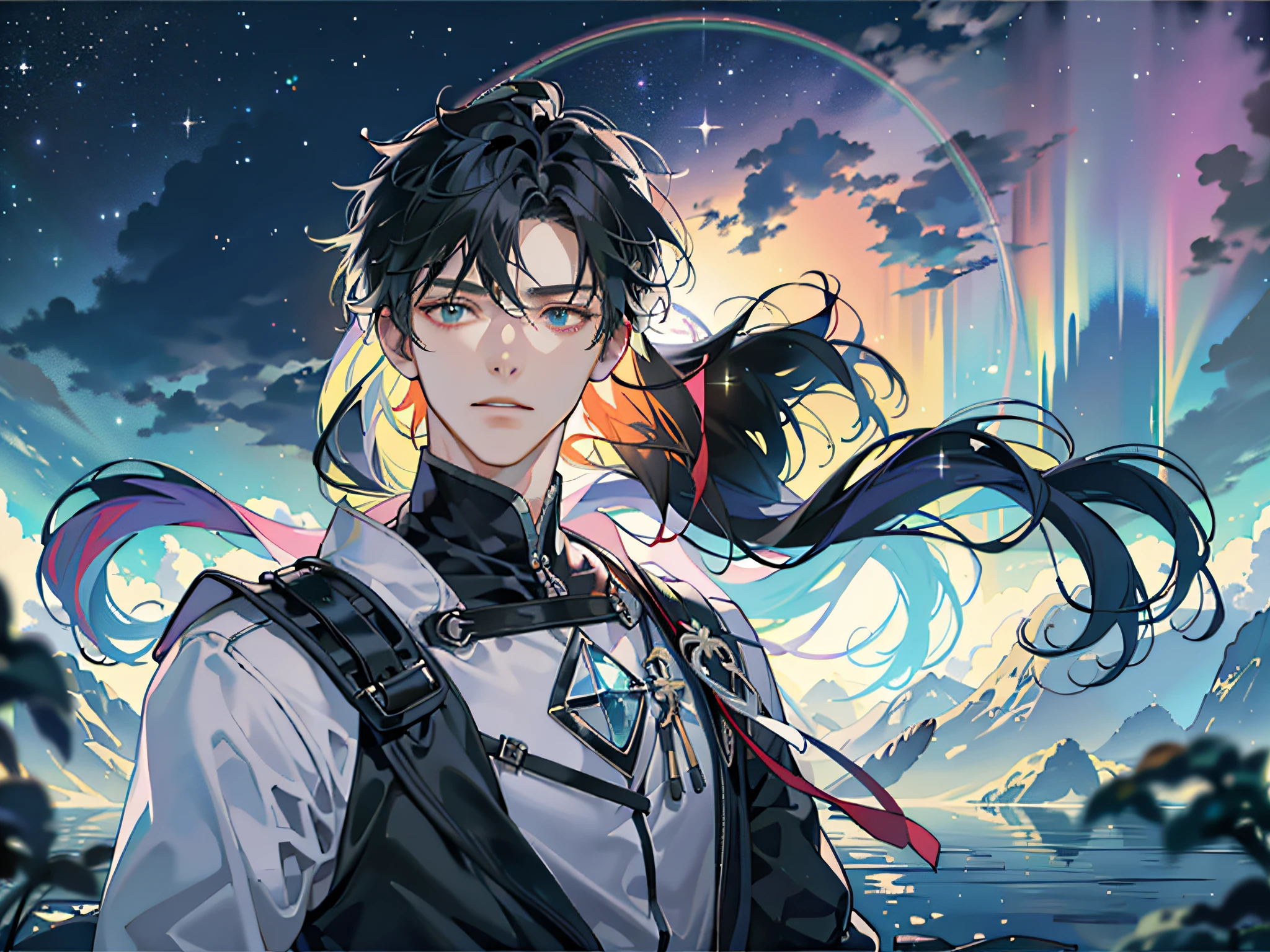 Saku, Acura, 1 Man, Adult, Mature Woman, Tall Muscular Man, Dark Theme, Magic Array, Bubble, Rainbow Sunlight, Underwater, Reflector, Floating Glass Sheet, Rainbow Light, Bubble Vortex, Wind Vortex, Aurora, Fantasy Landscape, Starlight Around Characters, (Upper body)