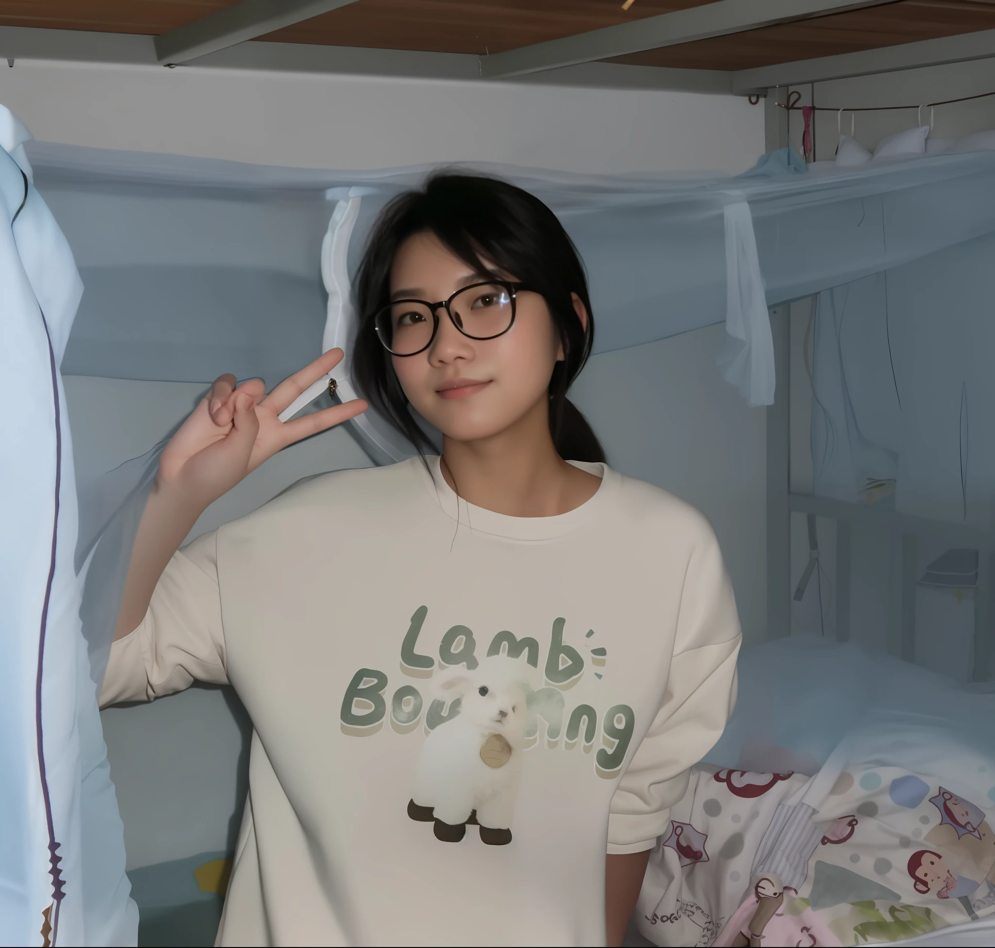 arafed woman in a bed room with a bed and a mosquito net, wearing sweatshirt, dang my linh, gemma chen, with short hair, profile pic, louise zhang, with long hair, wenfei ye, lofi girl, li zixin, lulu chen, lu ji, lei min, yun ling, inspired by Leng Mei, gongbi