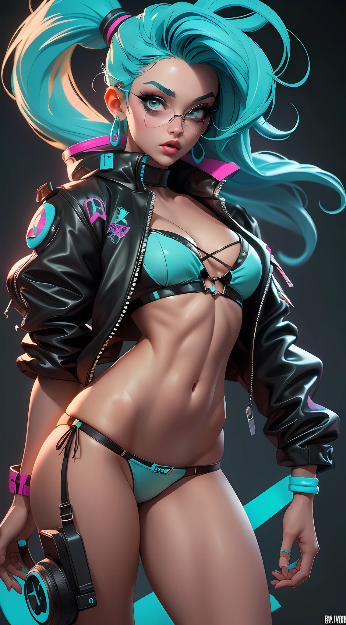 ((Best Quality)), ((Masterpiece)), ((Realistic)) and ultra-detailed photography of a 1nerdy girl with goth and neon colors. She has ((turquoise hair)), wears a small skimpy black bikini thong , ((beautiful and aesthetic)), muscular abs, sexy, under-boobs, hot