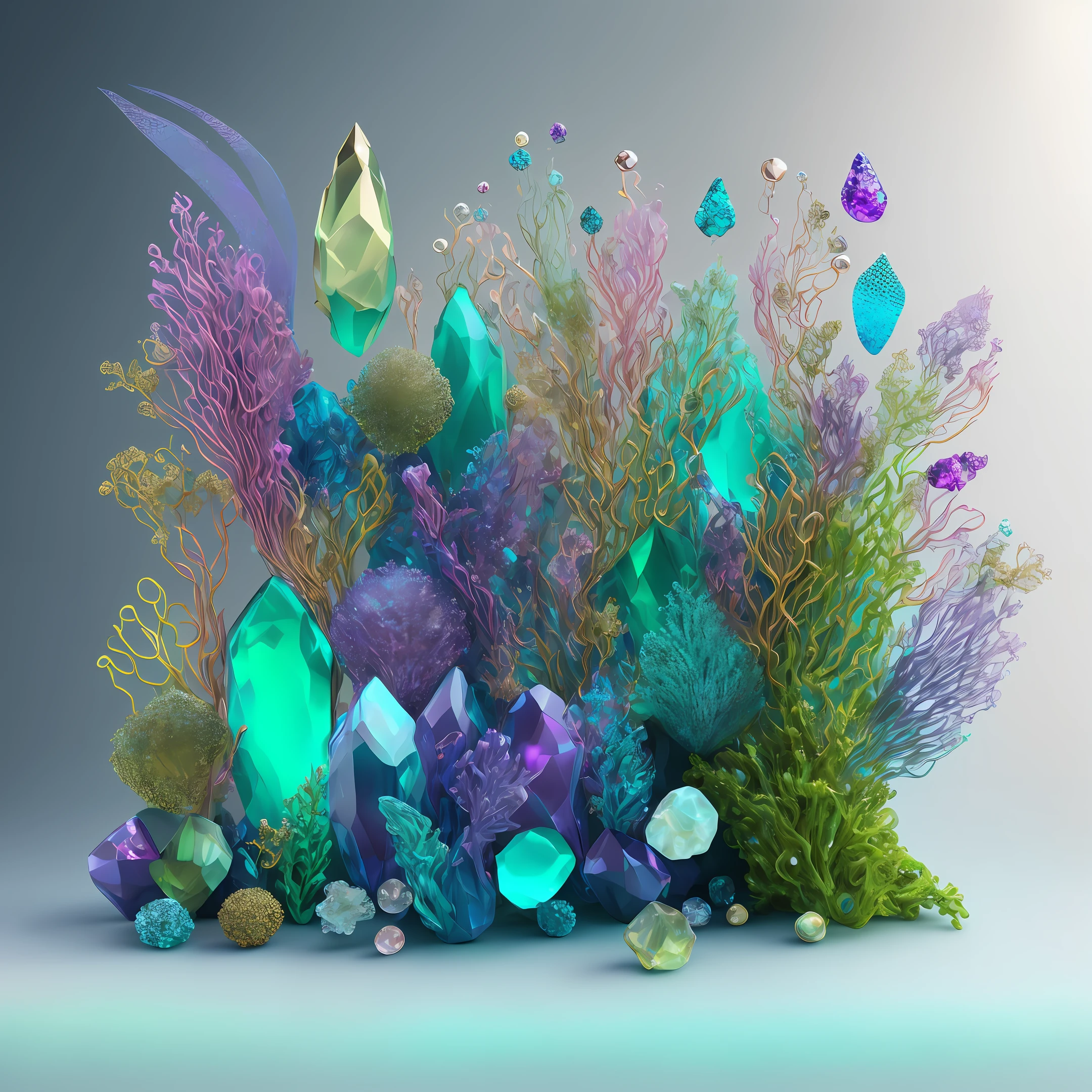 product photography, hyper quality, highly detailed photo shoot, , ultra realistic, photorealistic, product photography, digital sculpture, organic shapes, algae-inspired, seawater inspired, light holographic colors, single element, background with few gemstones, blurred background, highlighted central element, light tones, encrusted crystals