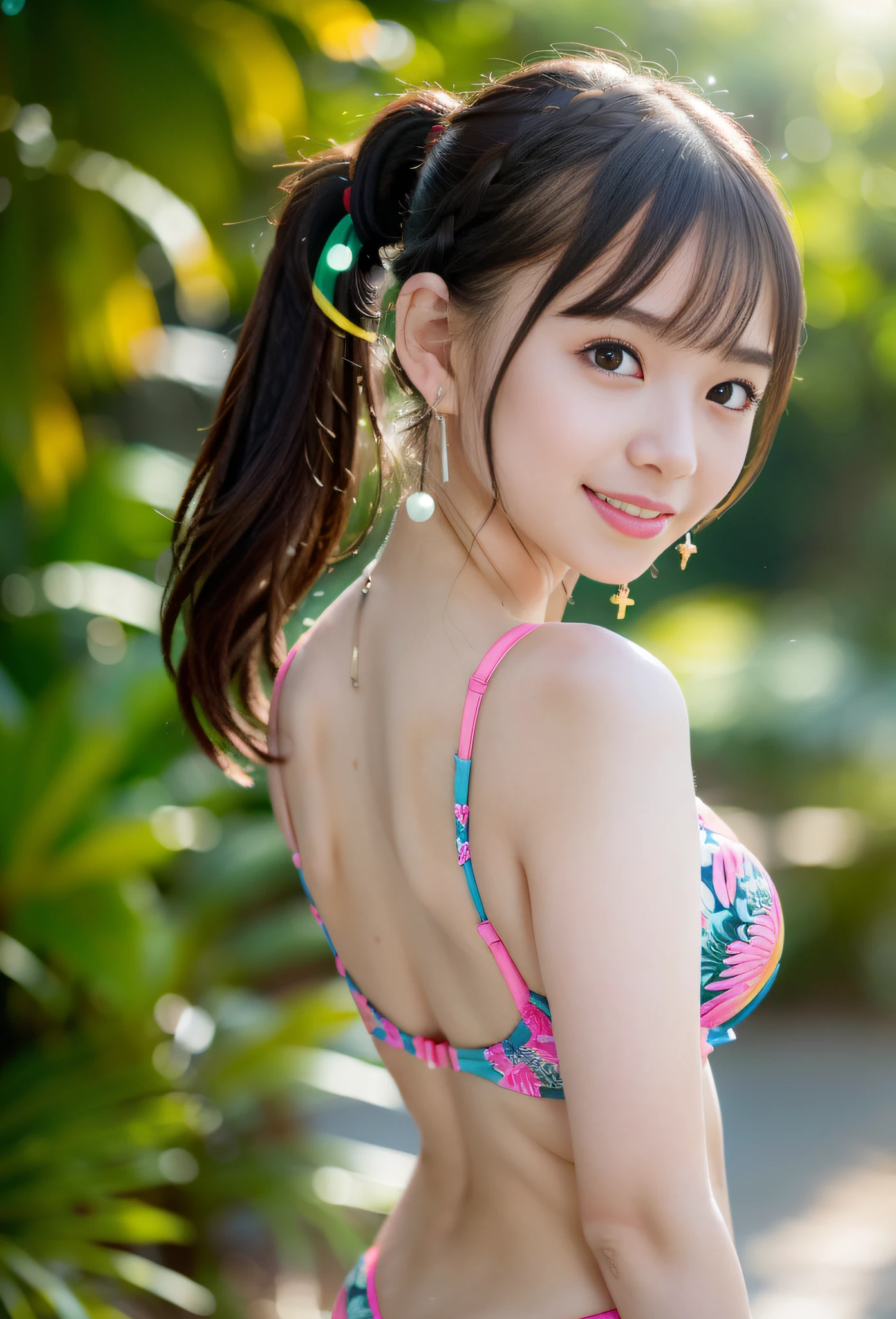 (AKB 48)), ((lens flare))), (((constricted waist))), (Mekosuji visible)))), (((backlit))),(The sunset is shining from behind)),(Tropical garden)),((Smiling)),((NIKON Z),(19 years old),(Small bust)))), (Colorful lace bikini swimsuit)))( Slight rough skin)))), ((Pore feeling)))), (skin feeling)))), (((Photorealism: 6, real)))), (((Earrings)), Perfect breast shape, bare buttocks, side ponytail, braid, pale skin, look at the viewer, small waist, wind, waves, 8K UHD, DSLR, soft lighting, high quality, highest quality, ultra high resolution, (photorealistic: 1.4),