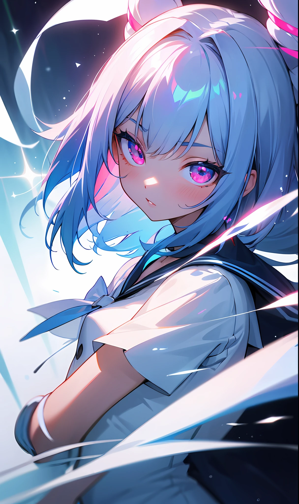 (Fine, Clear Images, Super Resolution, Extremely Amazing Detail, Awesome Detail), Subsurface Scattering, Masterpiece, Best Quality, High Quality, 1girl, Solo, Upper Body, Prism Eyes, Prism Hair, Prism, Serious, [Silver|White] + (Blue: -0.3) Hair, Blue + Red Eyes, Gradient Eyes, Multicolored Eyes, Calm, Small Tits, Sailor Suit, Glow, Glowing Eyes, Glowing White Particles, Glitter, Bloom, Fantasy, Cave