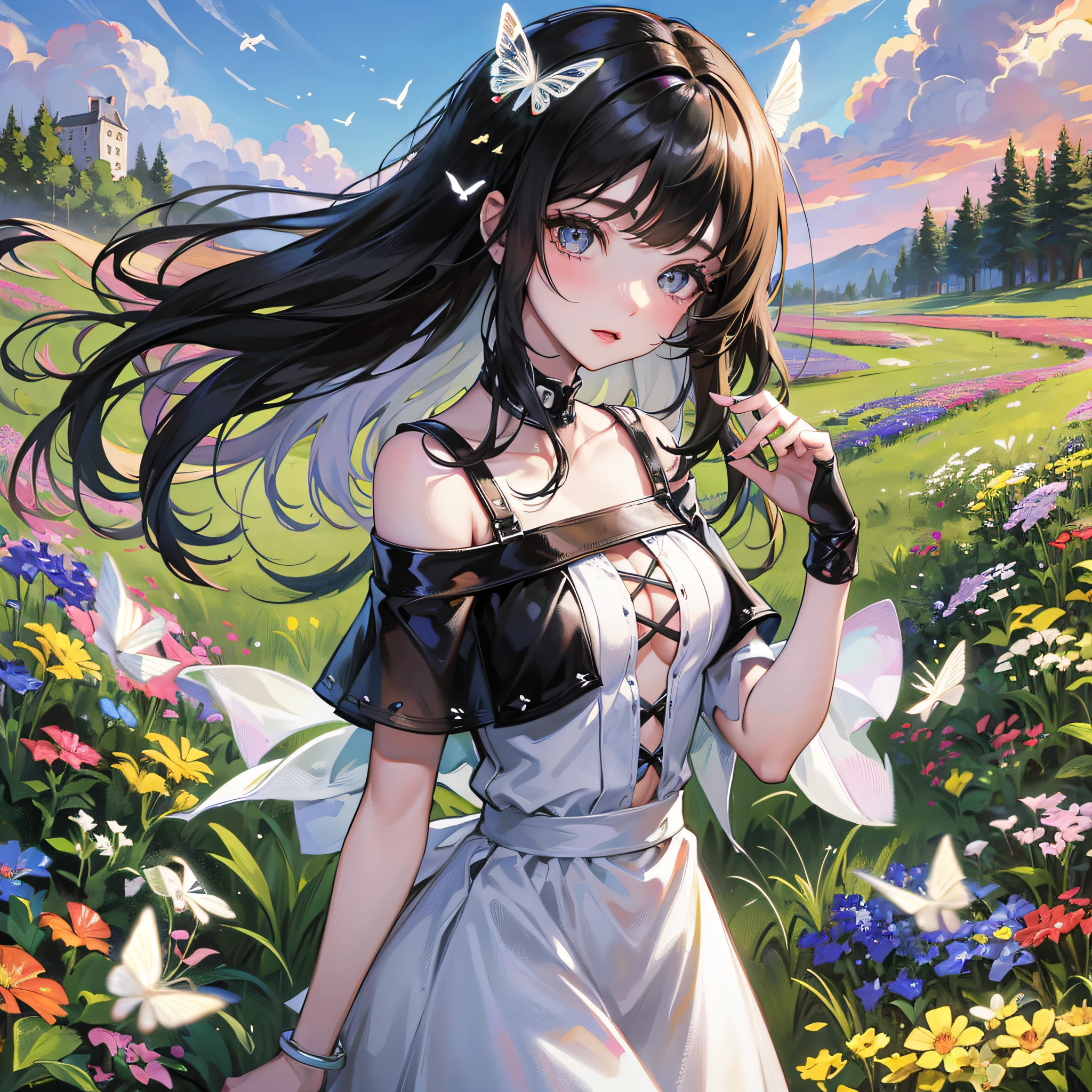 High Detail, Ultra Detail, Big Eyes, Black Hair, White Short Dress, Super High Resolution A cute and innocent girl enjoying her time in the open field, surrounded by the beauty of nature, warm sun sprinkling on her, wildflowers gently swaying in the breeze. Butterflies and birds flutter around her, adding to the playful, comic book style --auto --v6 --s2