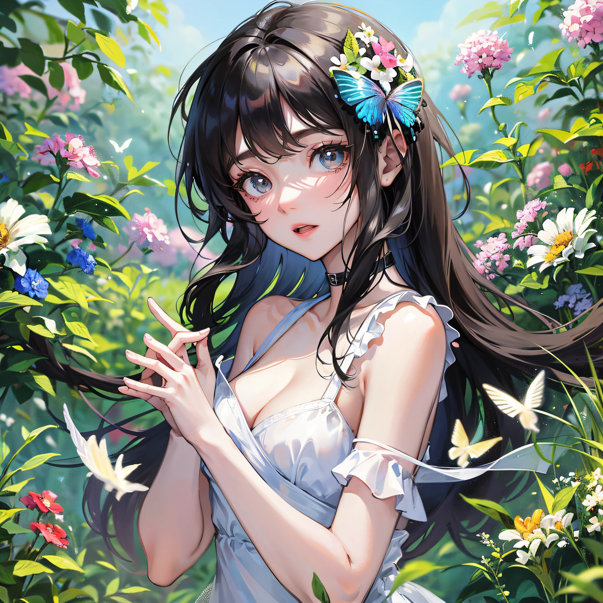 High Detail, Ultra Detail, Big Eyes, Black Hair, White Short Dress, Super High Resolution A cute and innocent girl enjoying her time in the open field, surrounded by the beauty of nature, warm sun sprinkling on her, wildflowers gently swaying in the breeze. Butterflies and birds flutter around her, adding to the playful, comic book style --auto --v6 --s2