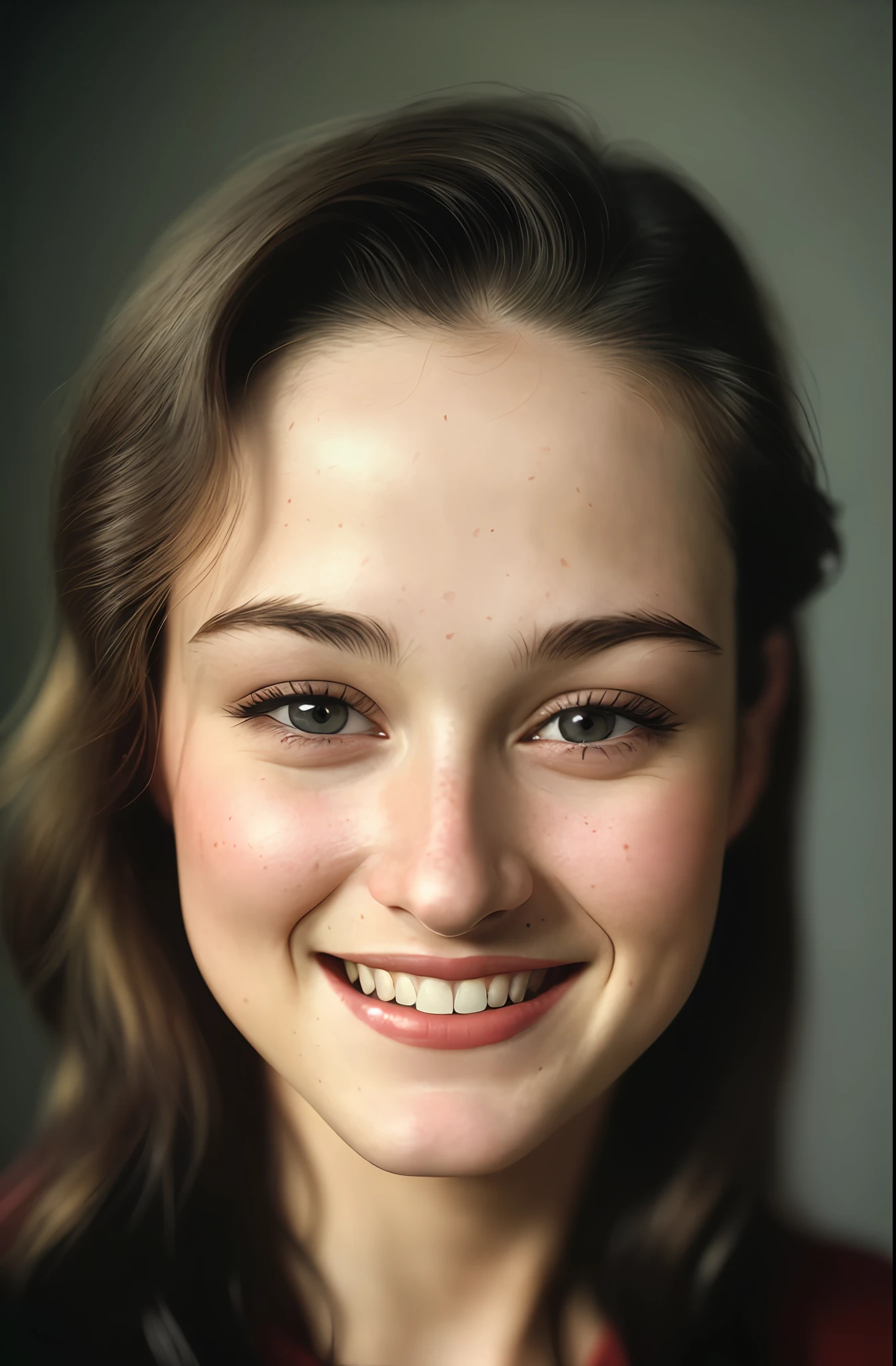 (close-up, editorial photograph of a 20-year-old woman from the 1940s), (highly detailed face:1.4) (smile:0.7) (background inside dark, sensual, smiling, private study:1.3) POV, by lee jeffries, nikon d850, film bank photography,4 kodak portra 400, camera f1.6 lens, rich colors, hyper realistic, realistic texture, fuzzy lighting, cinestill 800,