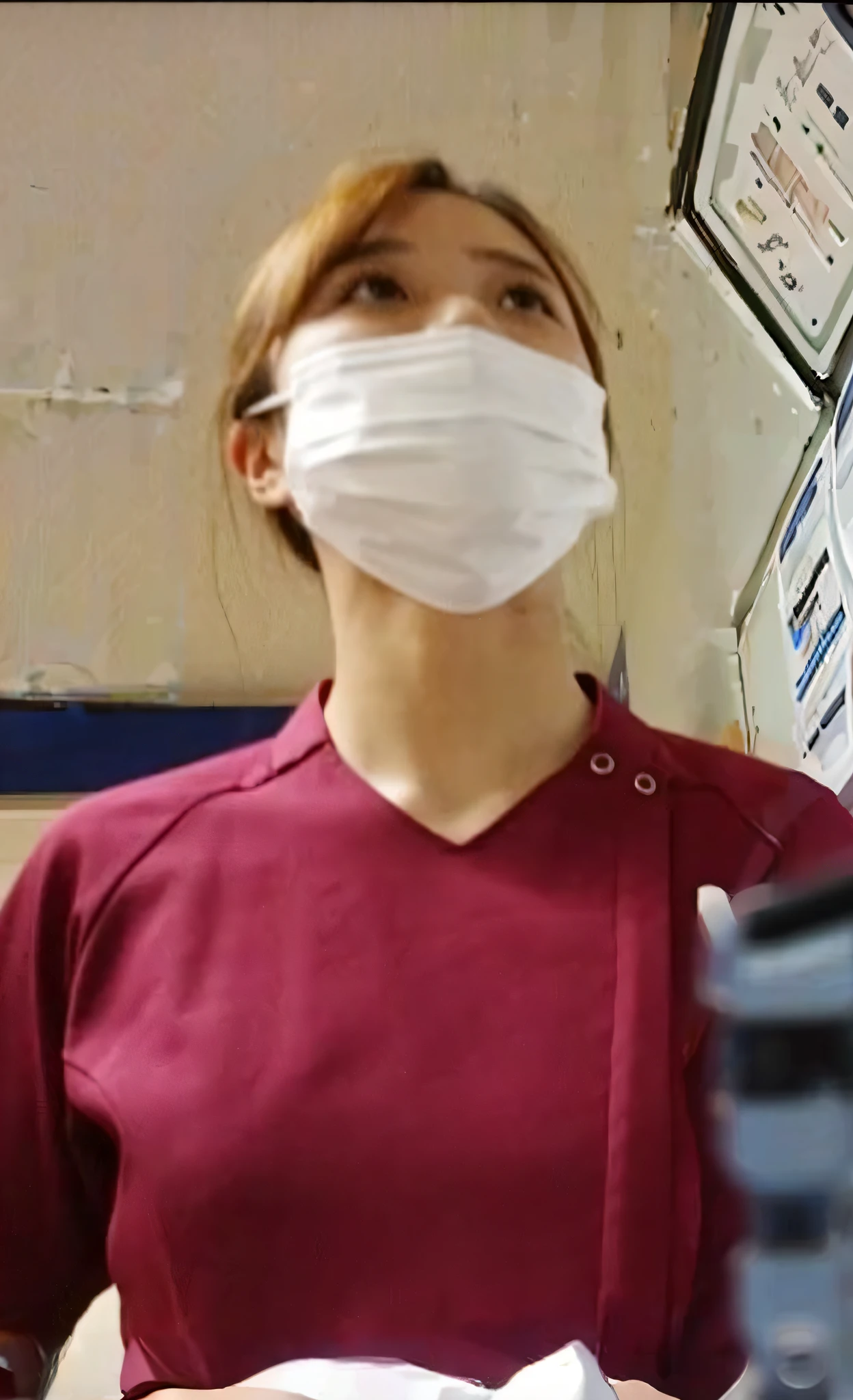 Cute nurse, wearing a white mask, protruding buffs, no background, nurse's uniform is dark red and one-piece, short dress with underwear visible