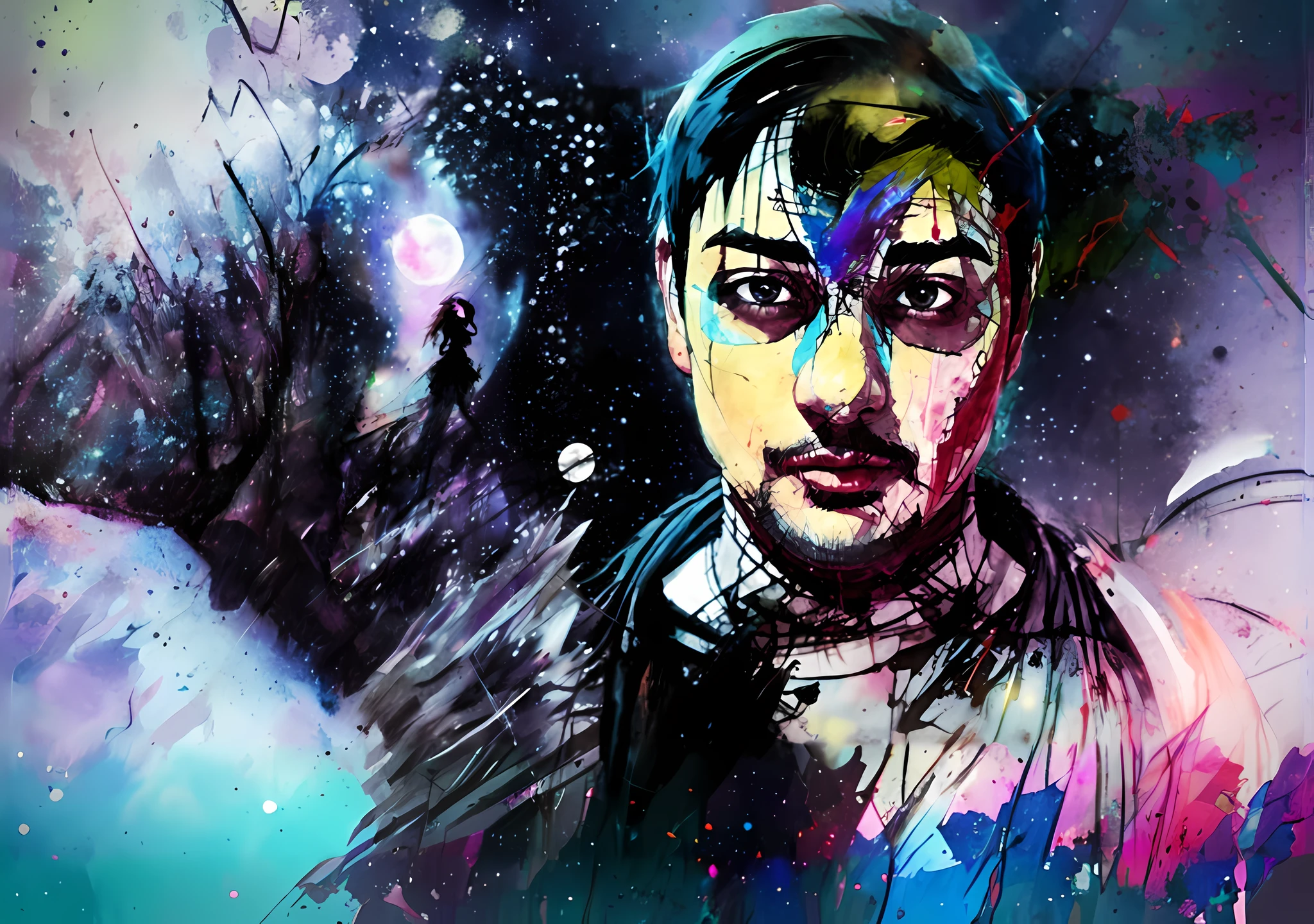 complete starry background in painting watercolor effect, matching the dark background, moonlight, highly detailed, digital painting, artstation, concept art, smooth, sharp focus, illustration, art by Carne Griffiths and Wadim Kashin, landscape